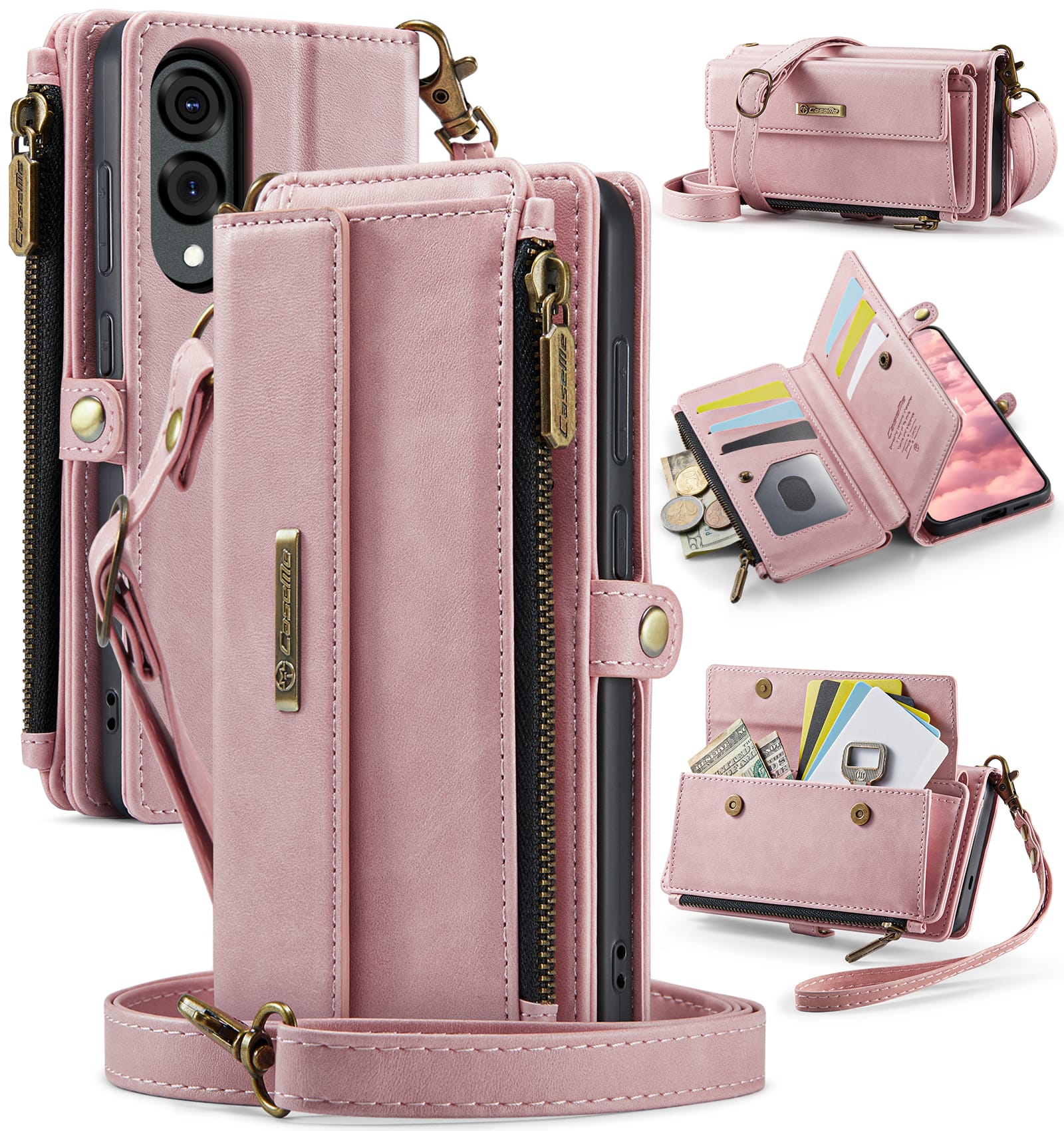 Samsung Galaxy S25 Edge Crossbody Case with Strap, Card Slots & Zipper Pocket [Pink]