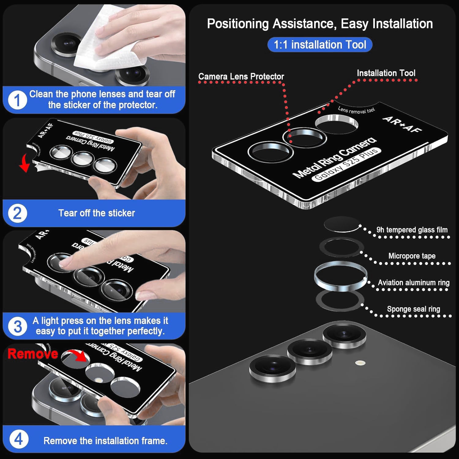 Samsung S25 Plus Eagle Eye AR+AF Camera Lens Protector with Removal Tool [Black]