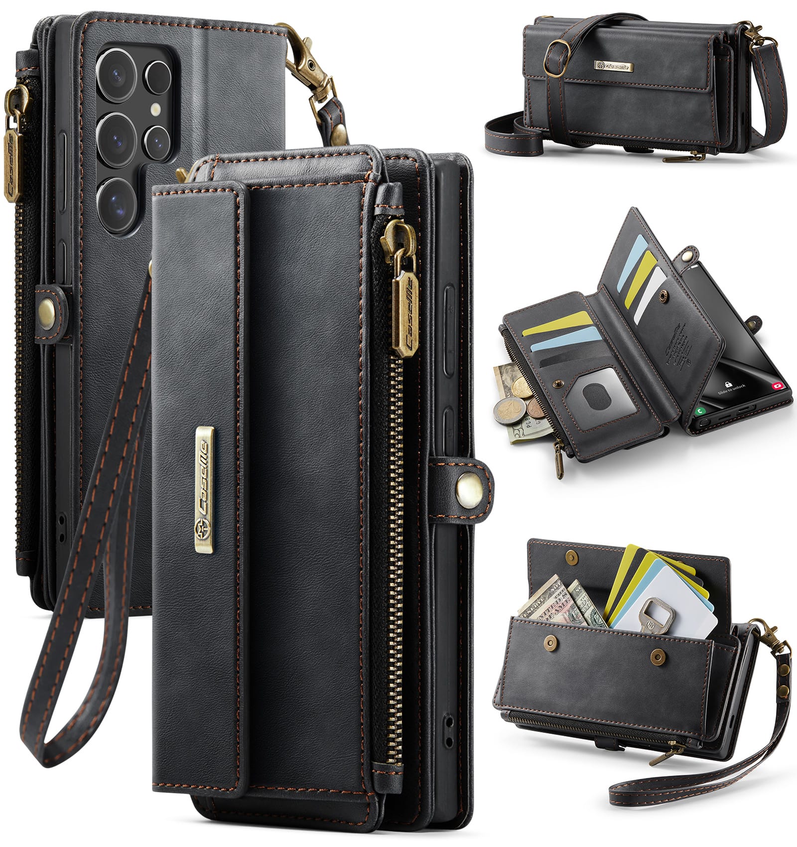 Samsung Galaxy S26 Ultra Crossbody Case - Strap, Card Slots & Zipper Pocket [Black]