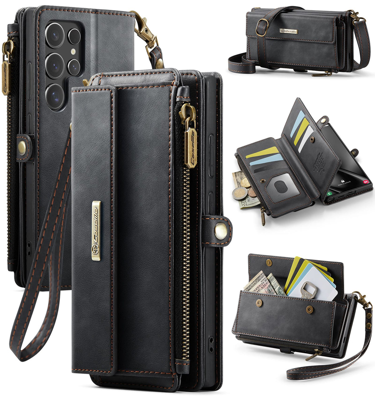 Samsung Galaxy S24 Ultra Crossbody Case with Strap, Card Slots & Zipper Pocket [Black]