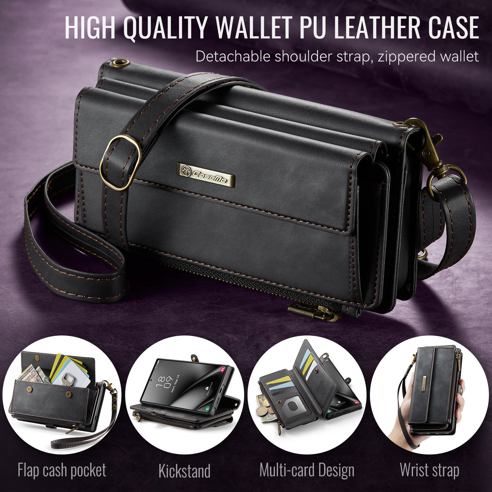 Samsung Galaxy S24 Ultra Crossbody Case with Strap, Card Slots & Zipper Pocket [Black]