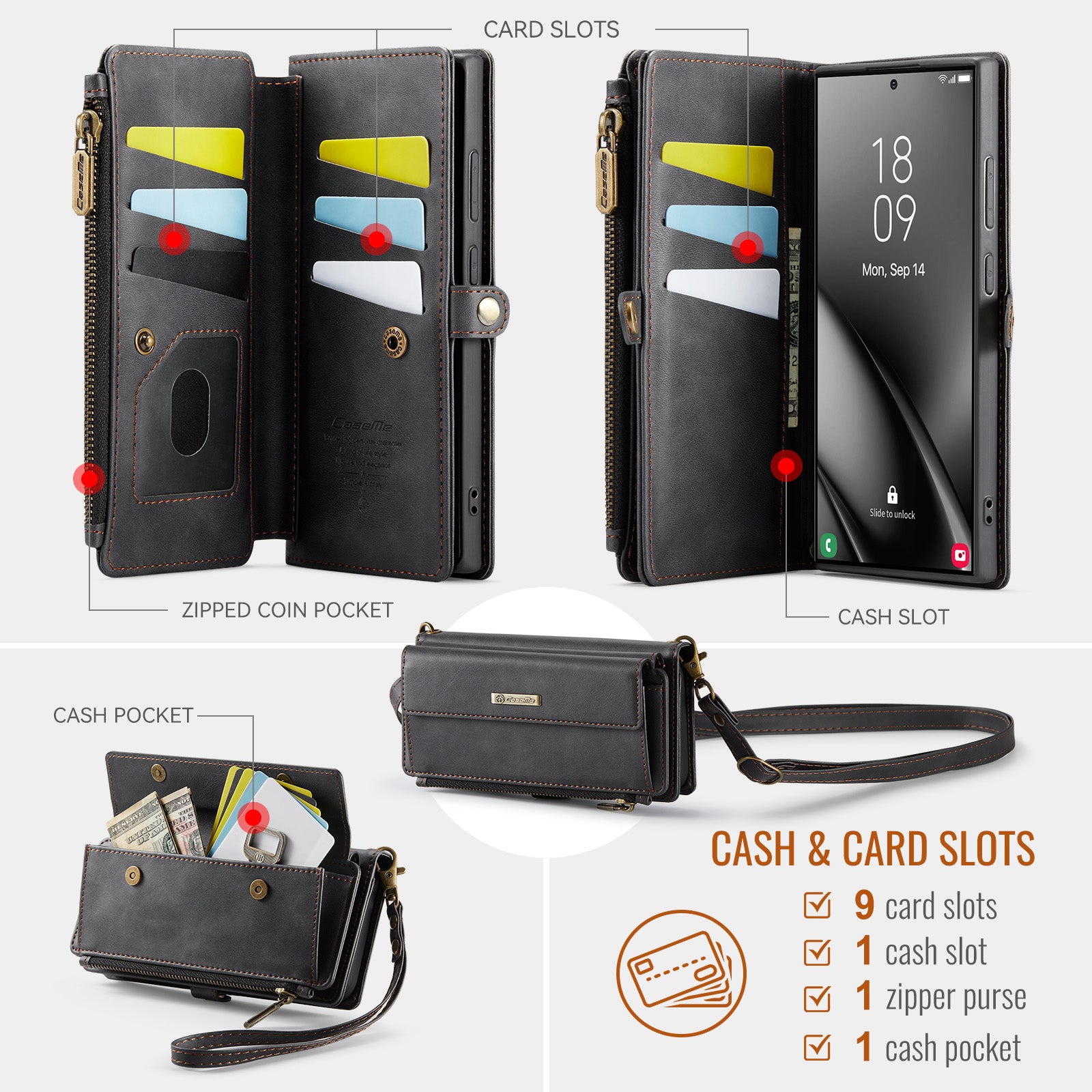 Samsung Galaxy S26 Ultra Crossbody Case - Strap, Card Slots & Zipper Pocket [Black]