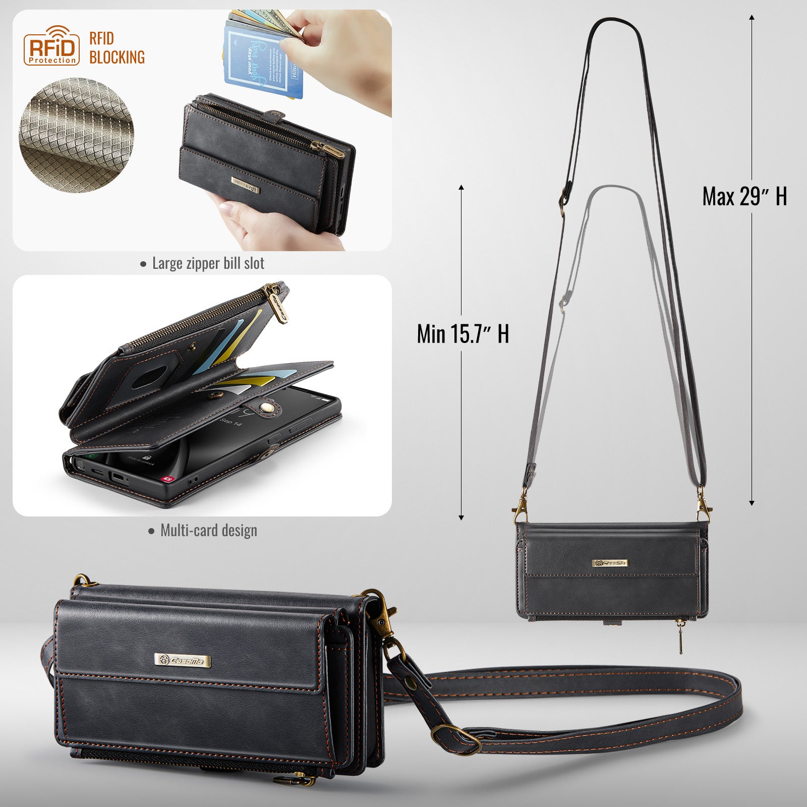 Samsung Galaxy S25 Ultra Crossbody Case with Strap, Card Slots & Zipper Pocket [Black]