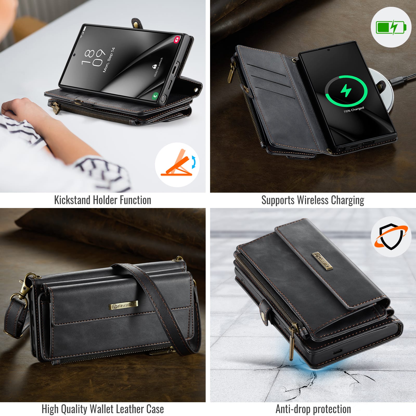 Samsung Galaxy S24 Ultra Crossbody Case with Strap, Card Slots & Zipper Pocket [Black]