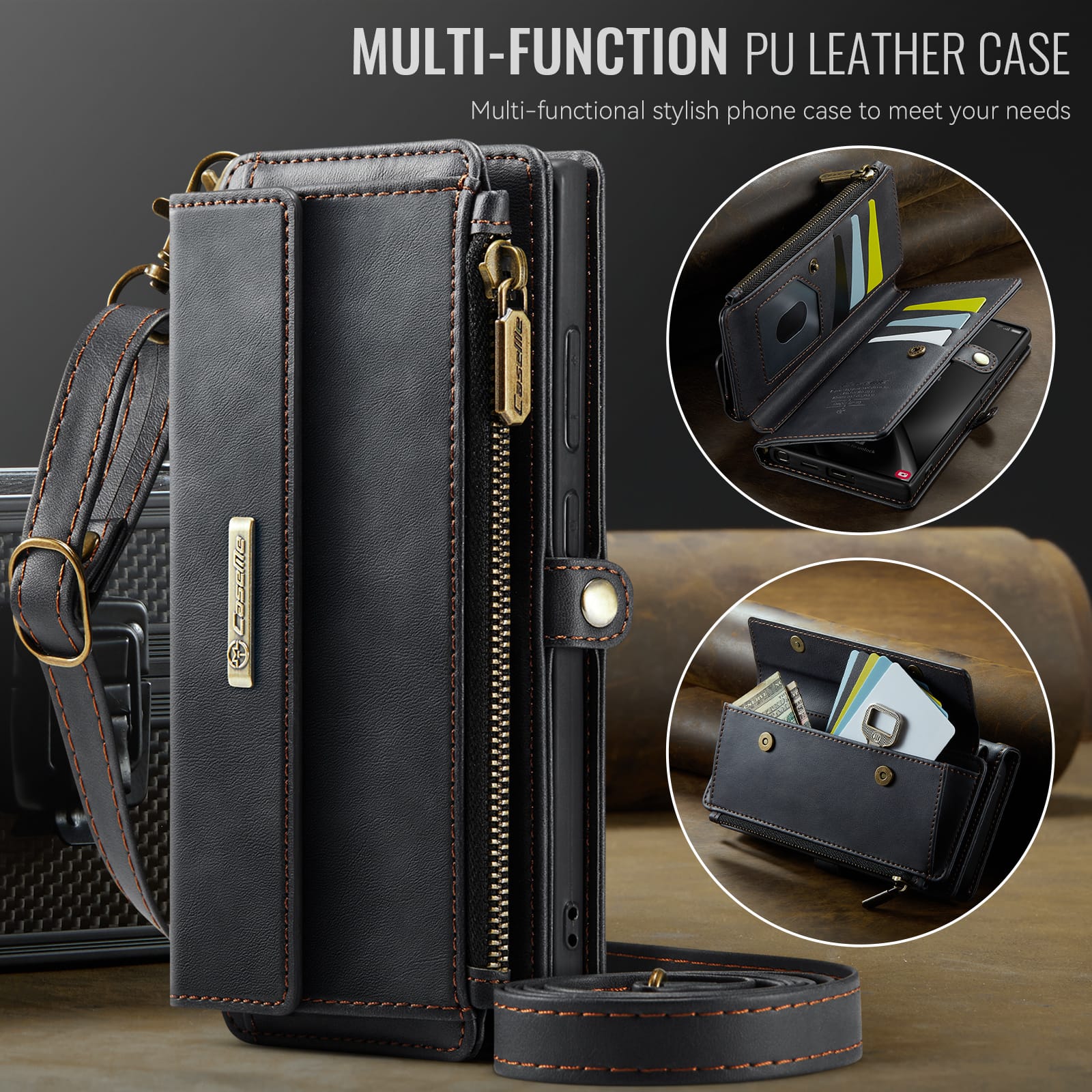 Samsung Galaxy S25 Ultra Crossbody Case with Strap, Card Slots & Zipper Pocket [Black]