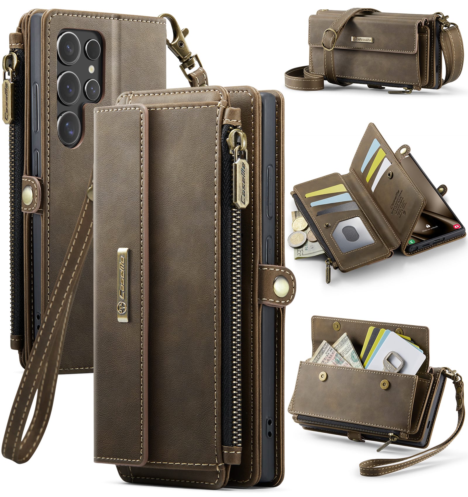 Samsung Galaxy S24 Ultra Crossbody Case with Strap, Card Slots & Zipper Pocket [Coffee]