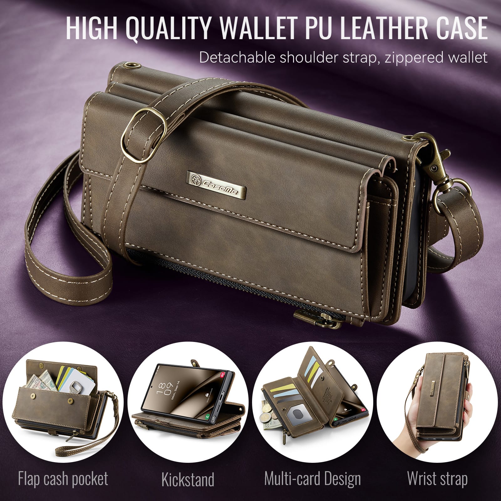 Samsung Galaxy S24 Ultra Crossbody Case with Strap, Card Slots & Zipper Pocket [Coffee]