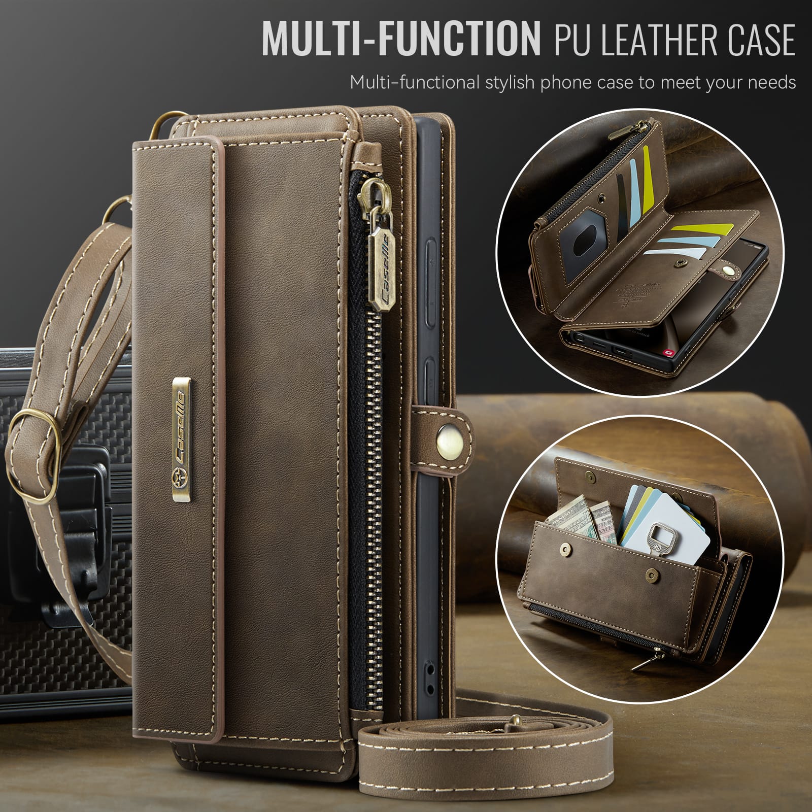 Samsung Galaxy S25 Ultra Crossbody Case with Strap, Card Slots & Zipper Pocket [Coffee]