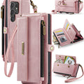 Samsung Galaxy S25 Ultra Crossbody Case with Strap, Card Slots & Zipper Pocket [Pink] - Pink