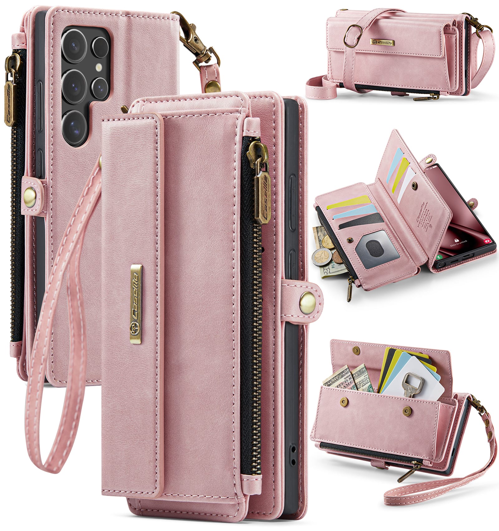 Samsung Galaxy S26 Ultra Crossbody Case - Strap, Card Slots & Zipper Pocket [Pink]