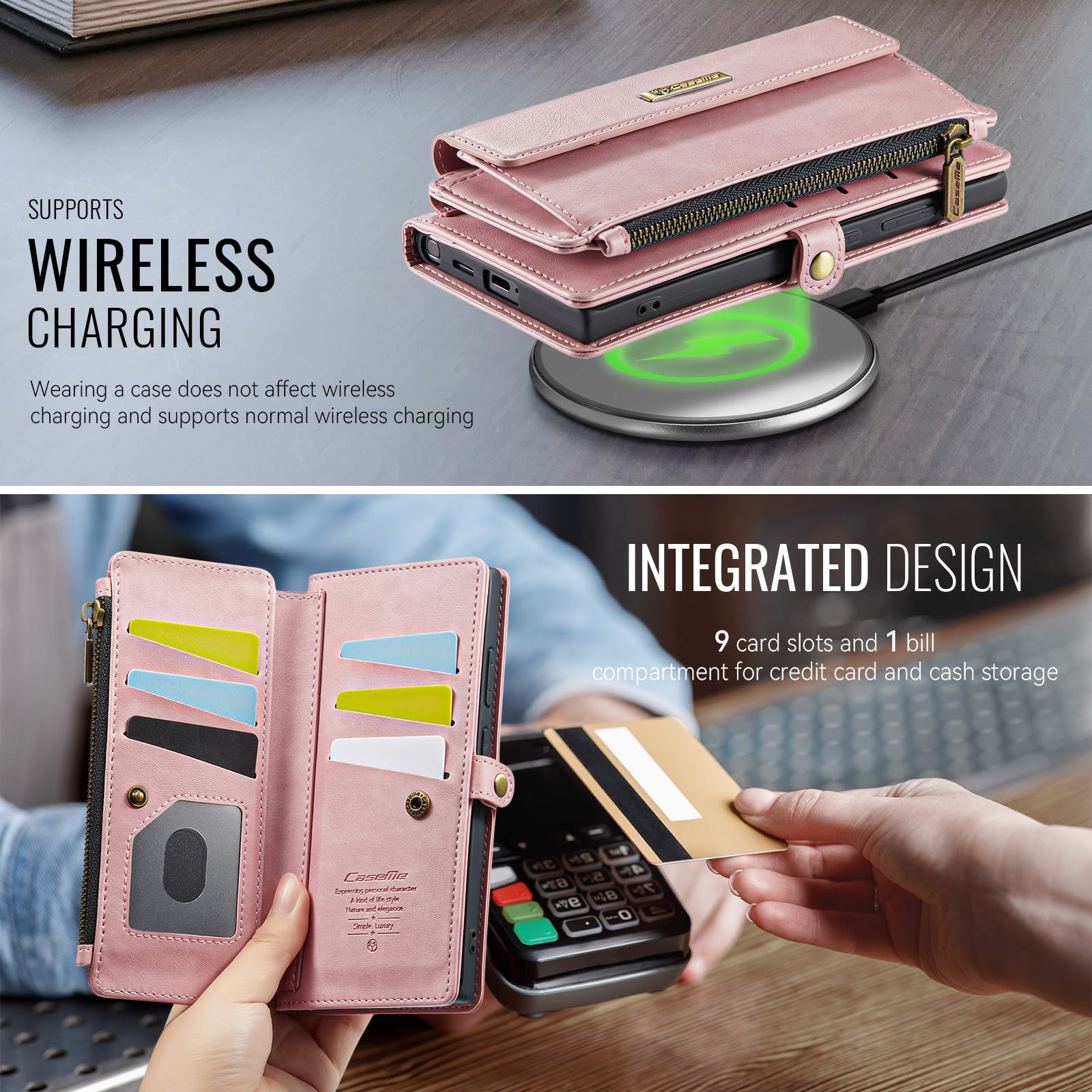 Samsung Galaxy S24 Ultra Crossbody Case with Strap, Card Slots & Zipper Pocket [Pink]