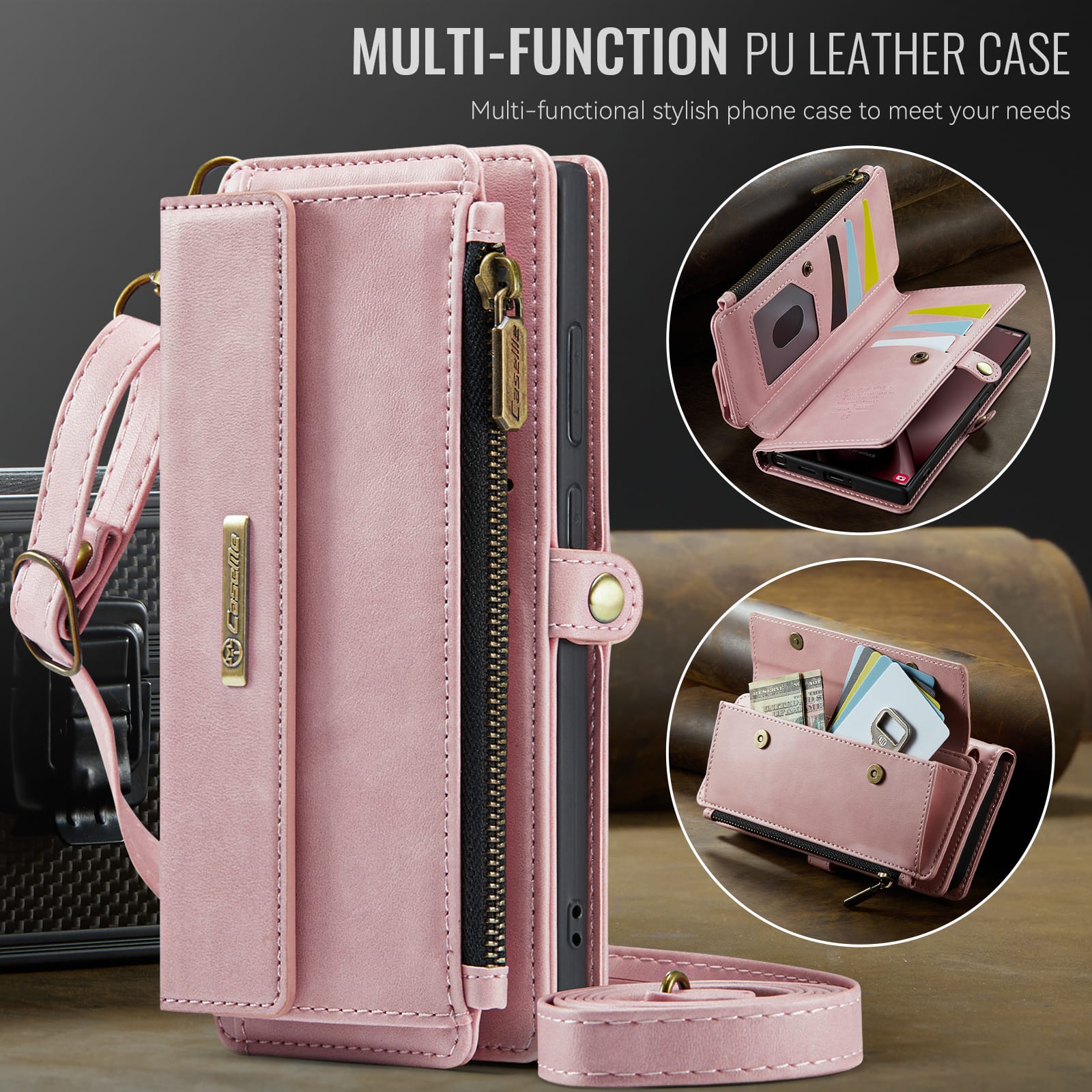 Samsung Galaxy S24 Ultra Crossbody Case with Strap, Card Slots & Zipper Pocket [Pink]