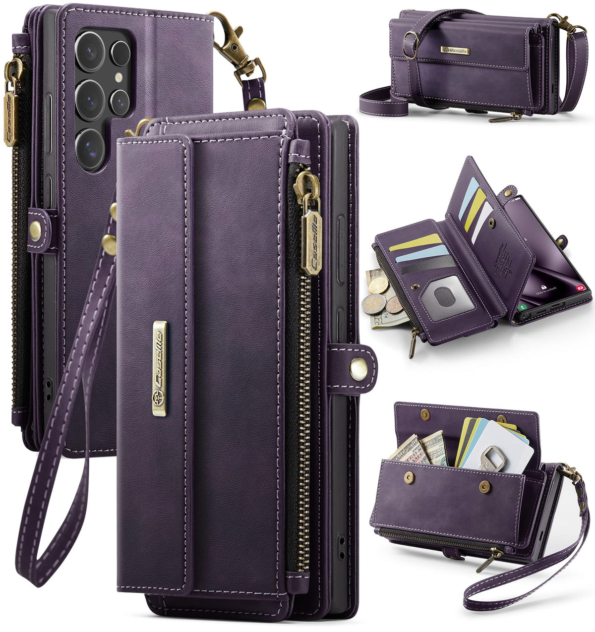 Samsung Galaxy S25 Ultra Crossbody Case with Strap, Card Slots & Zipper Pocket [Purple]