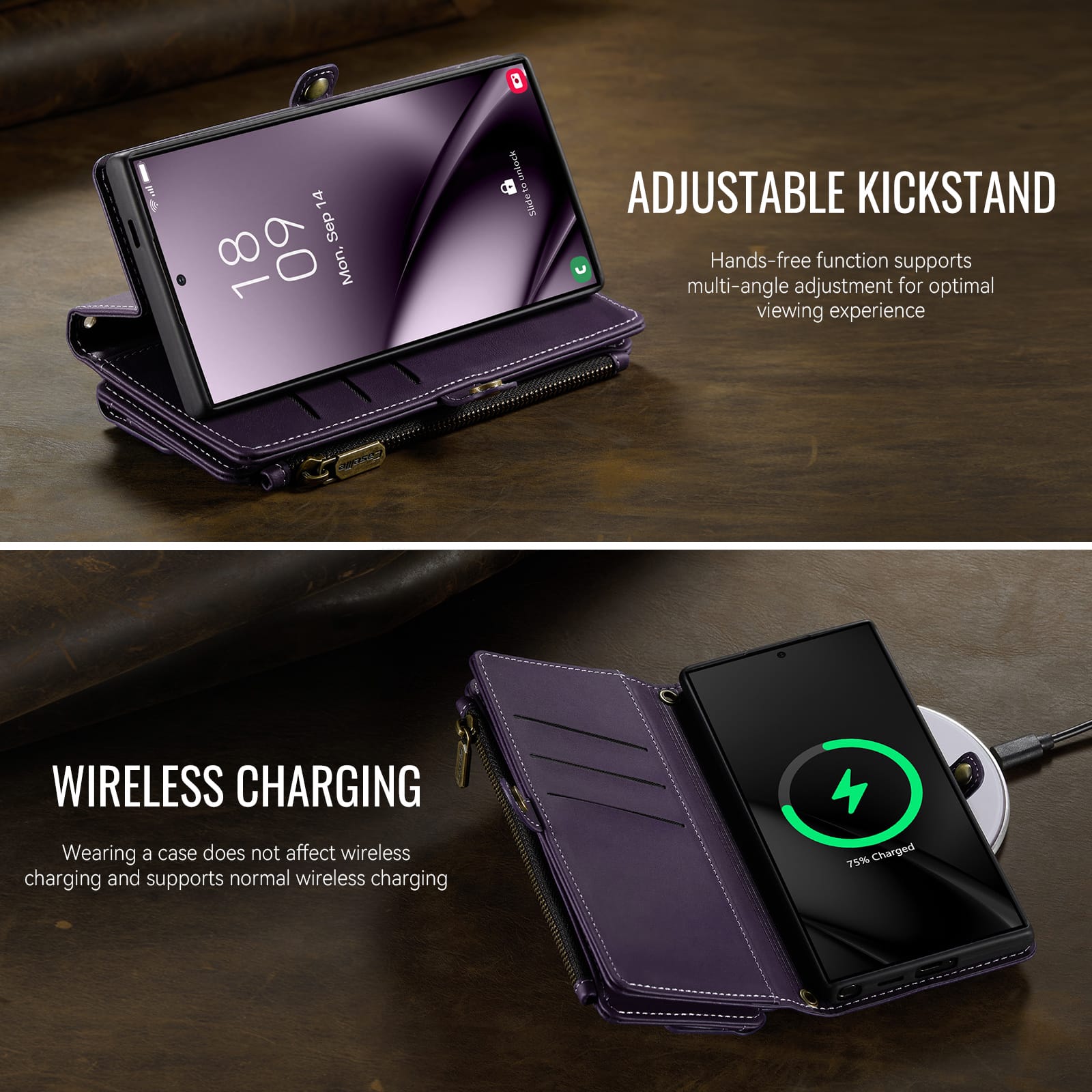 Samsung Galaxy S24 Ultra Crossbody Case with Strap, Card Slots & Zipper Pocket [Purple]
