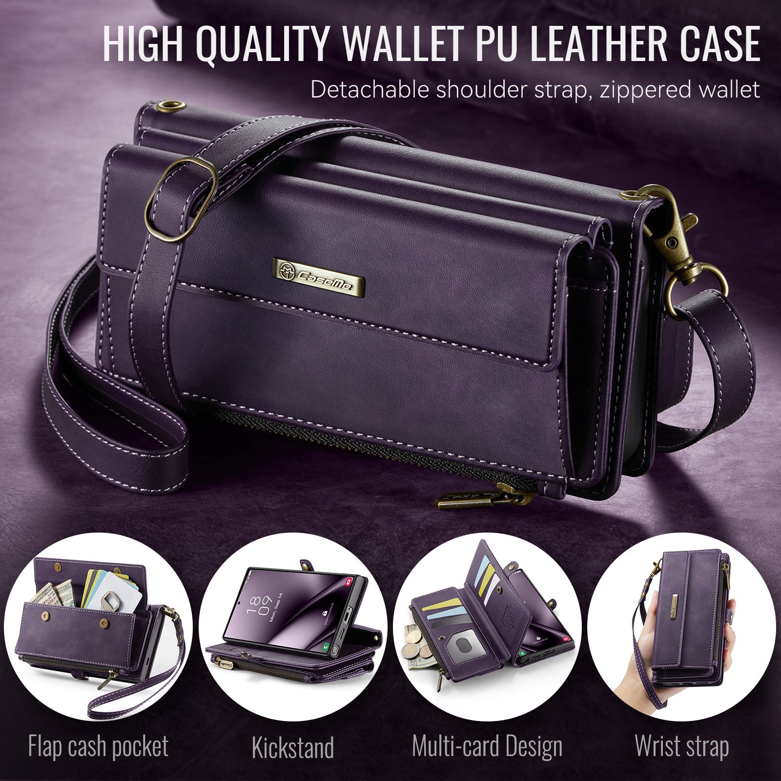 Samsung Galaxy S24 Ultra Crossbody Case with Strap, Card Slots & Zipper Pocket [Purple]