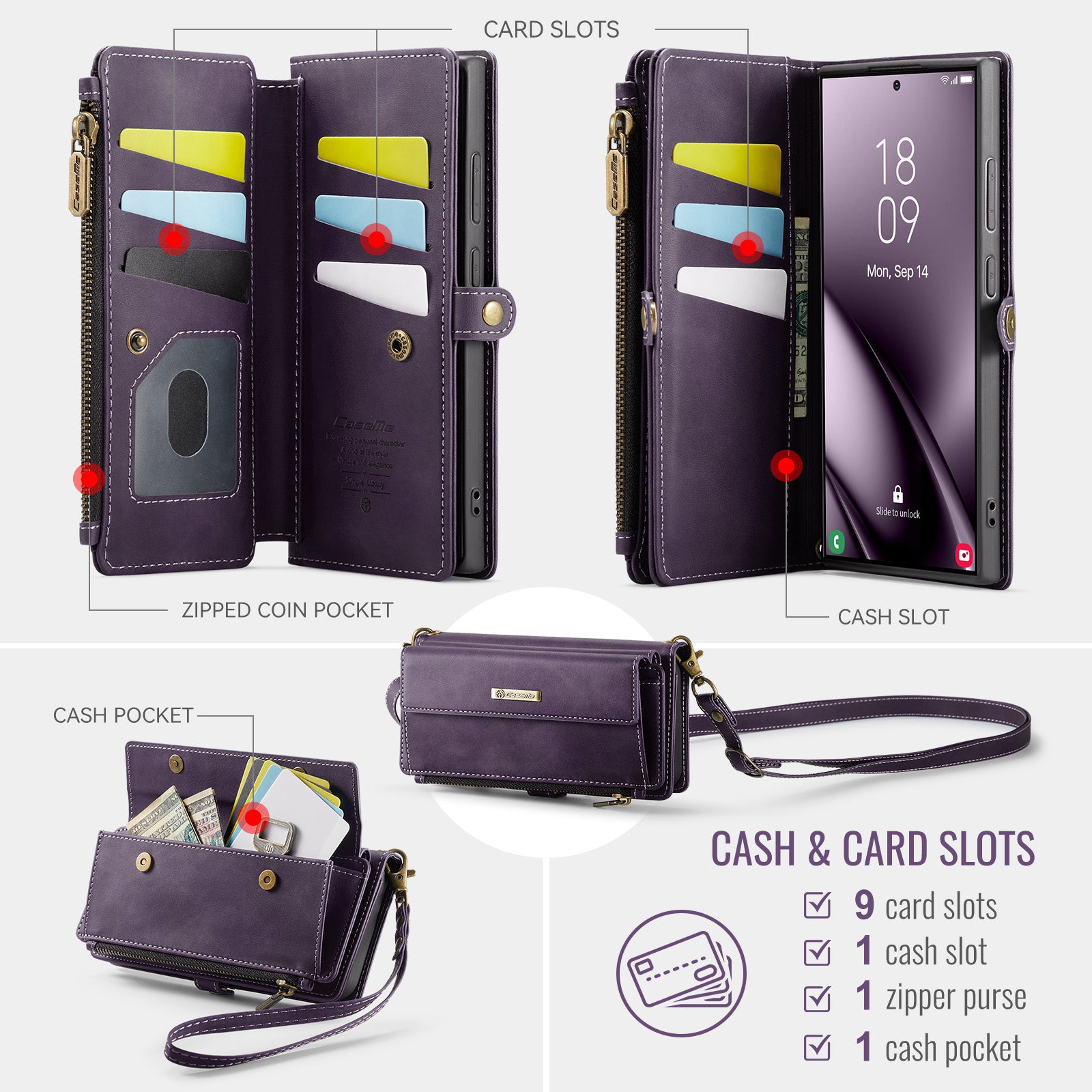 Samsung Galaxy S24 Ultra Crossbody Case with Strap, Card Slots & Zipper Pocket [Purple]