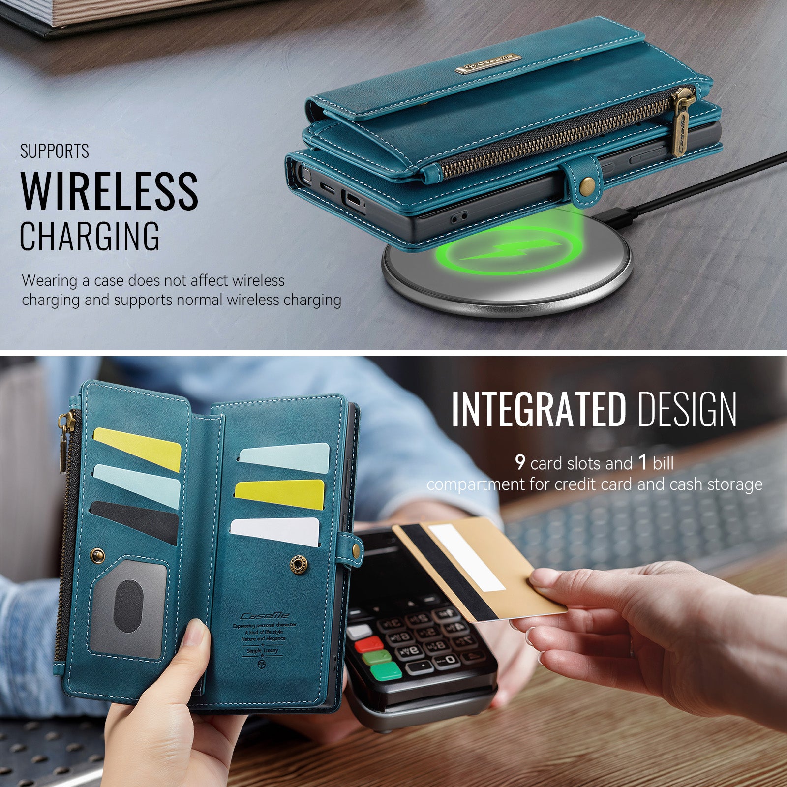 Samsung Galaxy S24 Ultra Crossbody Case with Strap, Card Slots & Zipper Pocket [Teal]