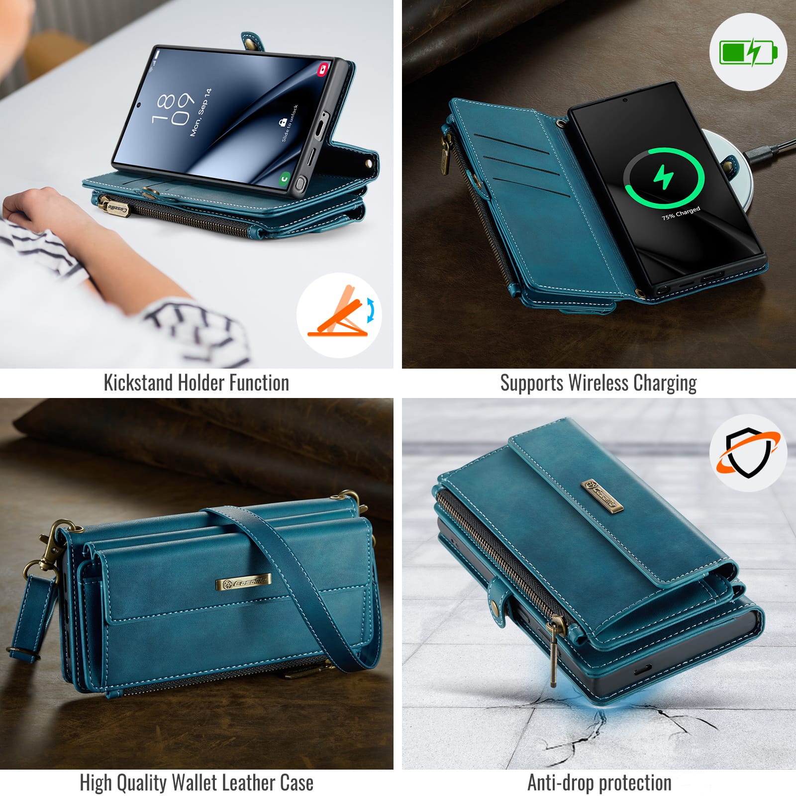 Samsung Galaxy S24 Ultra Crossbody Case with Strap, Card Slots & Zipper Pocket [Teal]