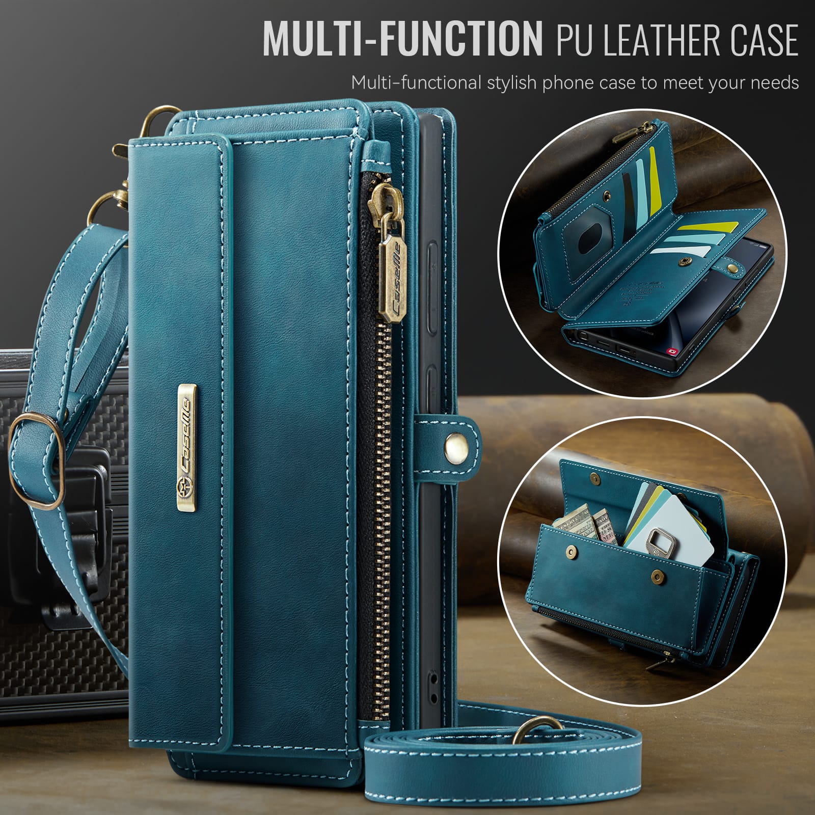 Samsung Galaxy S24 Ultra Crossbody Case with Strap, Card Slots & Zipper Pocket [Teal]