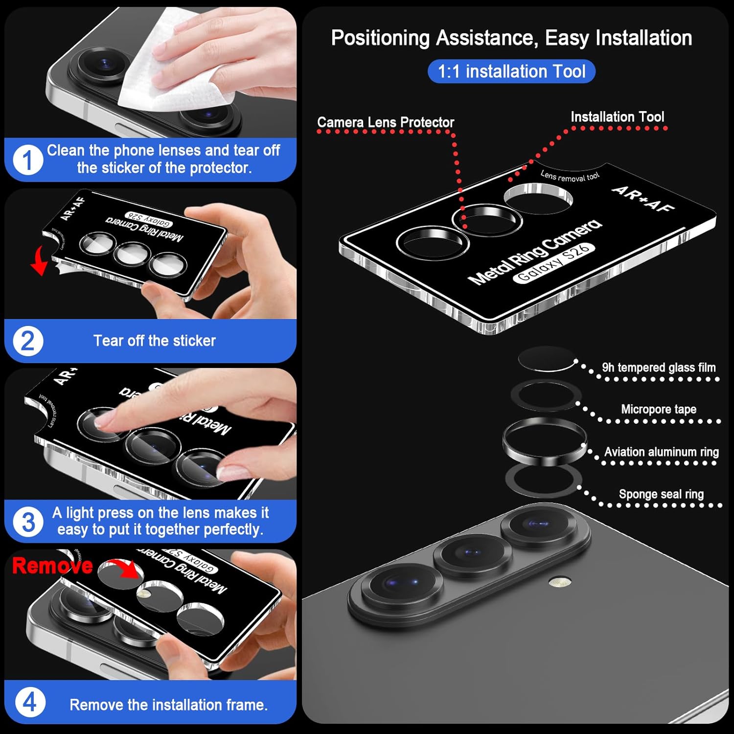 Samsung S26 Eagle Eye AR+AF Camera Lens Protector with Removal Tool [Black]