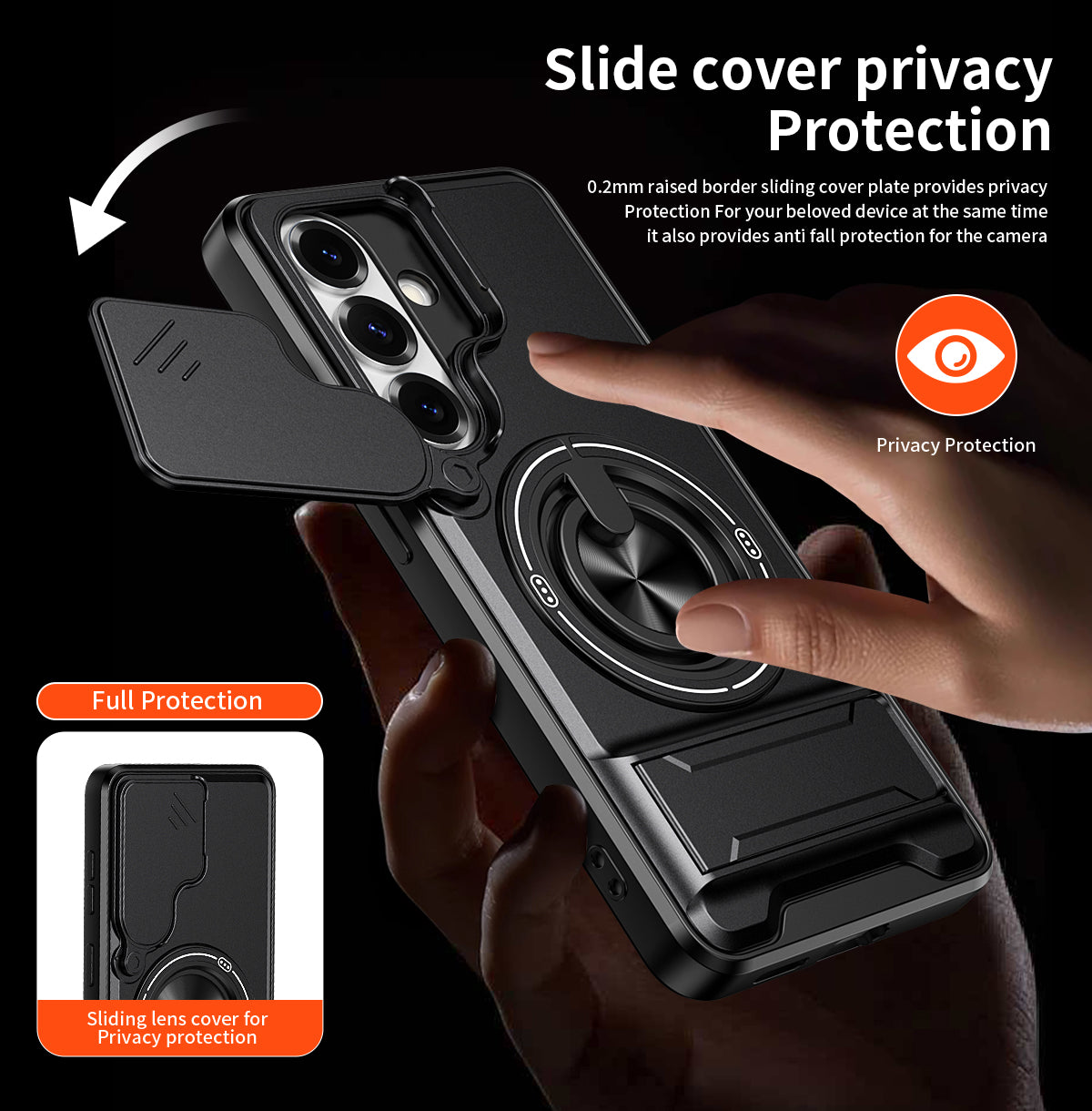 Samsung S26 Magnetic Ring Stand Case with Camera Slide Cover [Black]
