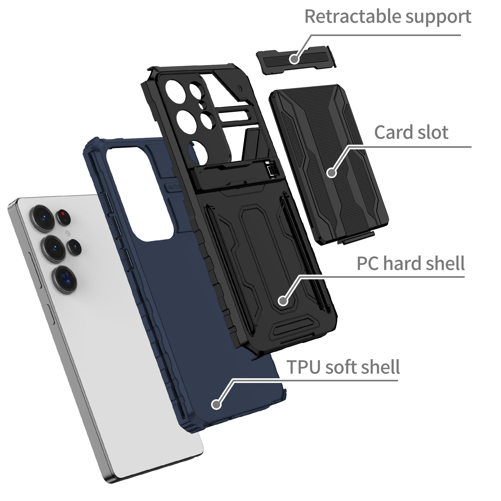 Samsung Galaxy S26 Ultra Rugged Case with Card Holder & Kickstand [Navy]
