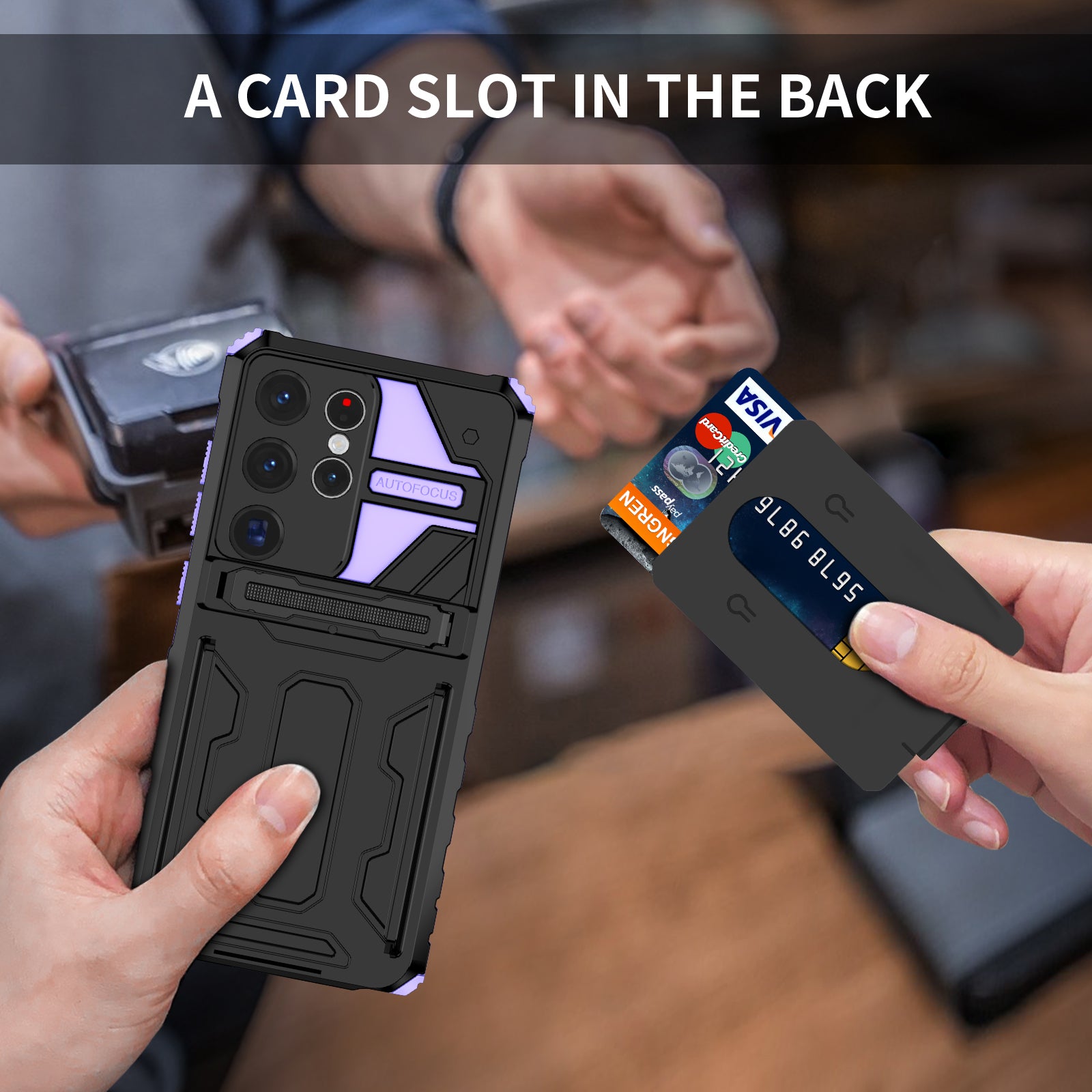 Samsung Galaxy S26 Ultra Rugged Case with Card Holder & Kickstand [Purple]