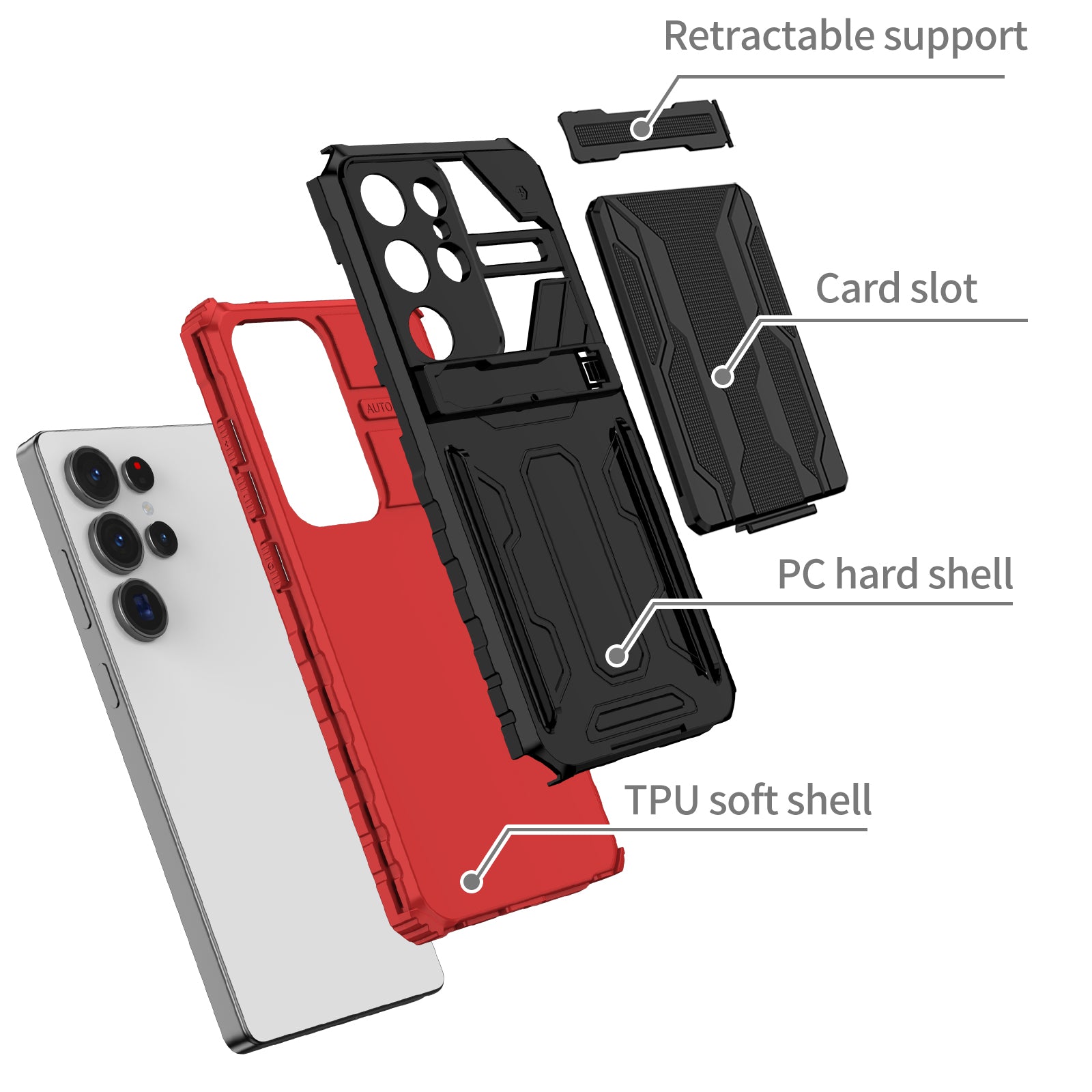 Samsung Galaxy S26 Ultra Rugged Case with Card Holder & Kickstand [Red]