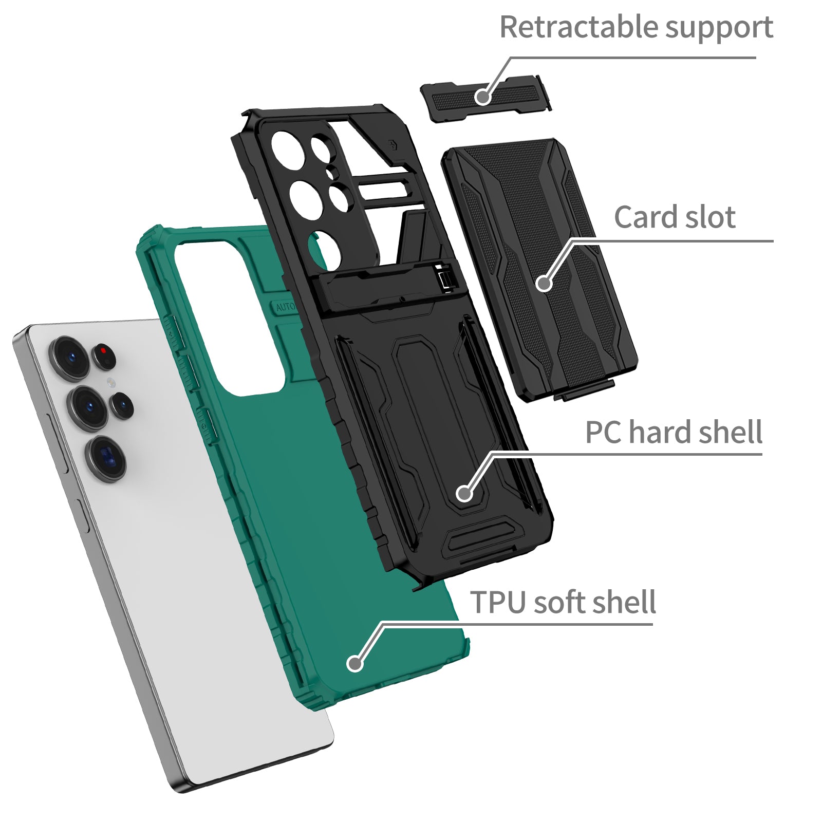 Samsung Galaxy S26 Ultra Rugged Case with Card Holder & Kickstand [Teal]