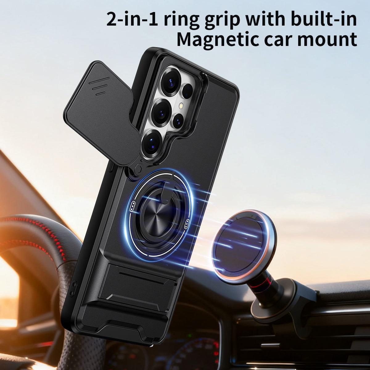 Samsung S26 Ultra Magnetic Ring Stand Case with Camera Slide Cover [Orange]