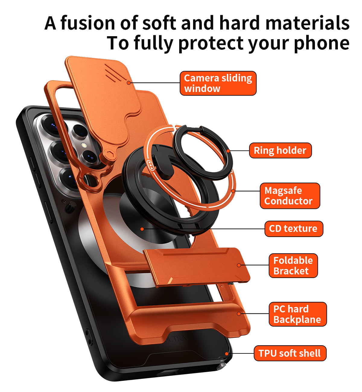 Samsung S26 Ultra Magnetic Ring Stand Case with Camera Slide Cover [Orange]