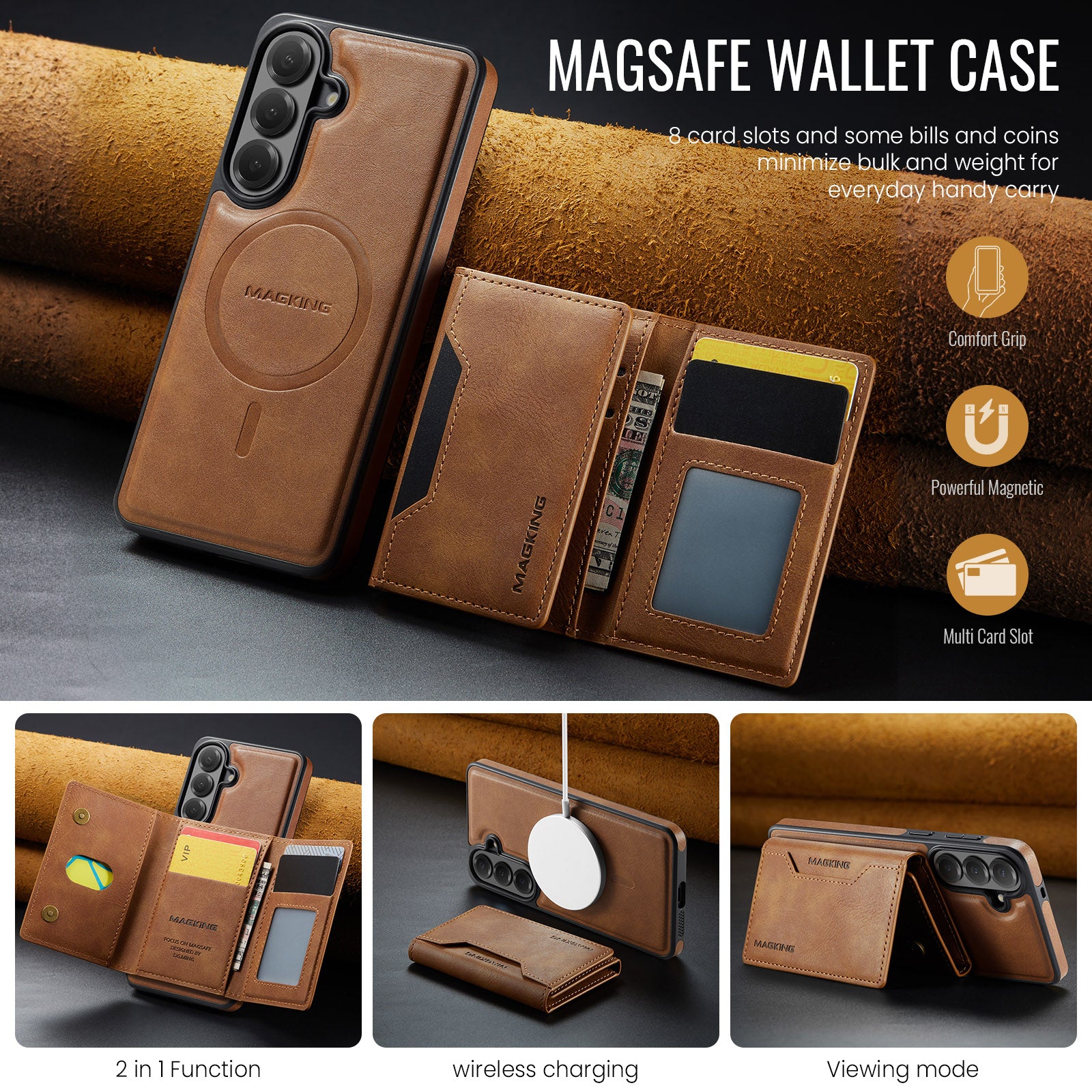 Samsung Galaxy S26 FE DG.MING MagSafe Detachable Wallet Case [Brown]