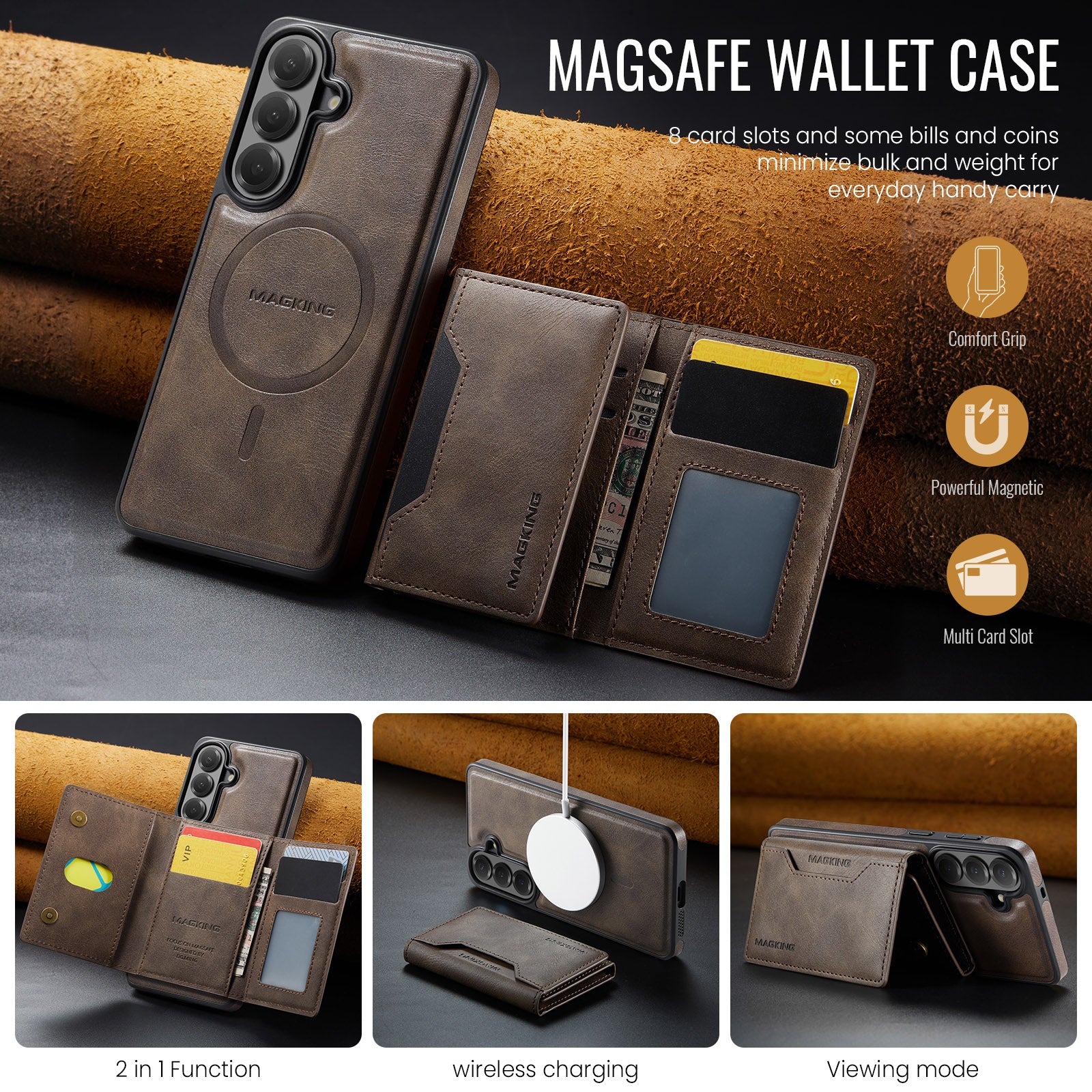 Samsung Galaxy S26 FE DG.MING MagSafe Detachable Wallet Case [Coffee]
