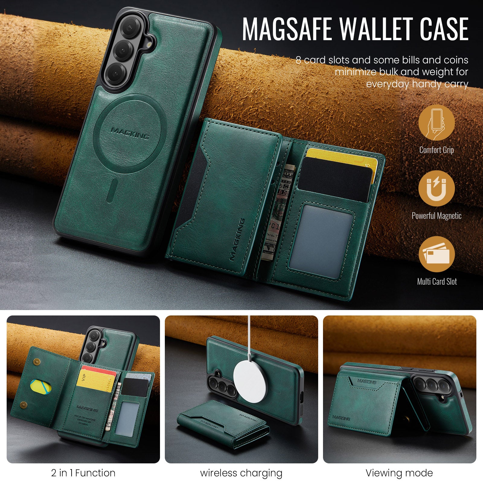 Samsung Galaxy S26 FE DG.MING MagSafe Detachable Wallet Case [Green]