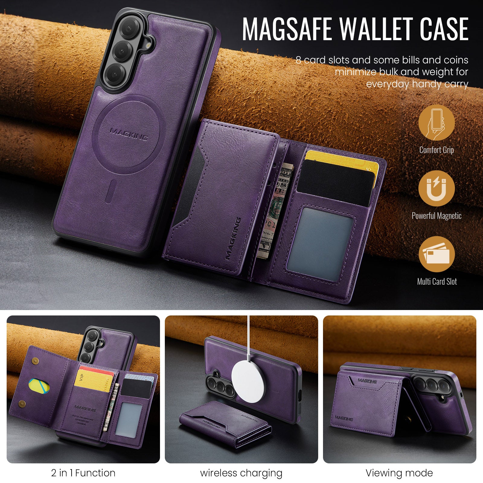 Samsung Galaxy S26 FE DG.MING MagSafe Detachable Wallet Case [Purple]