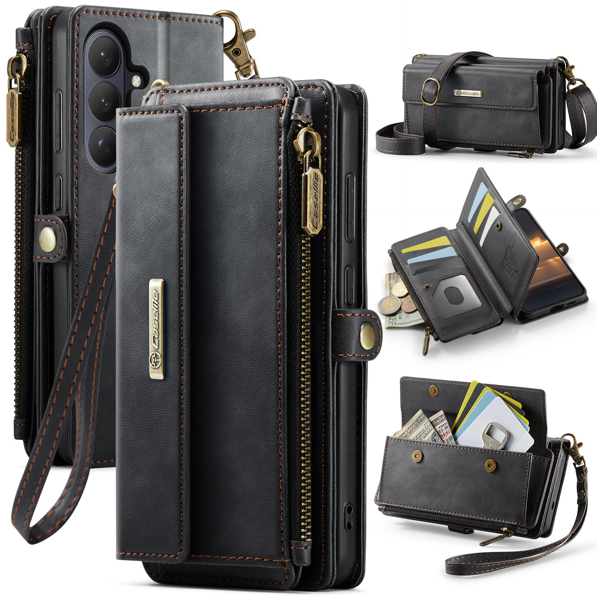 Samsung Galaxy S26FE Crossbody Case with Strap, Card Slots & Zipper Pocket [Black]
