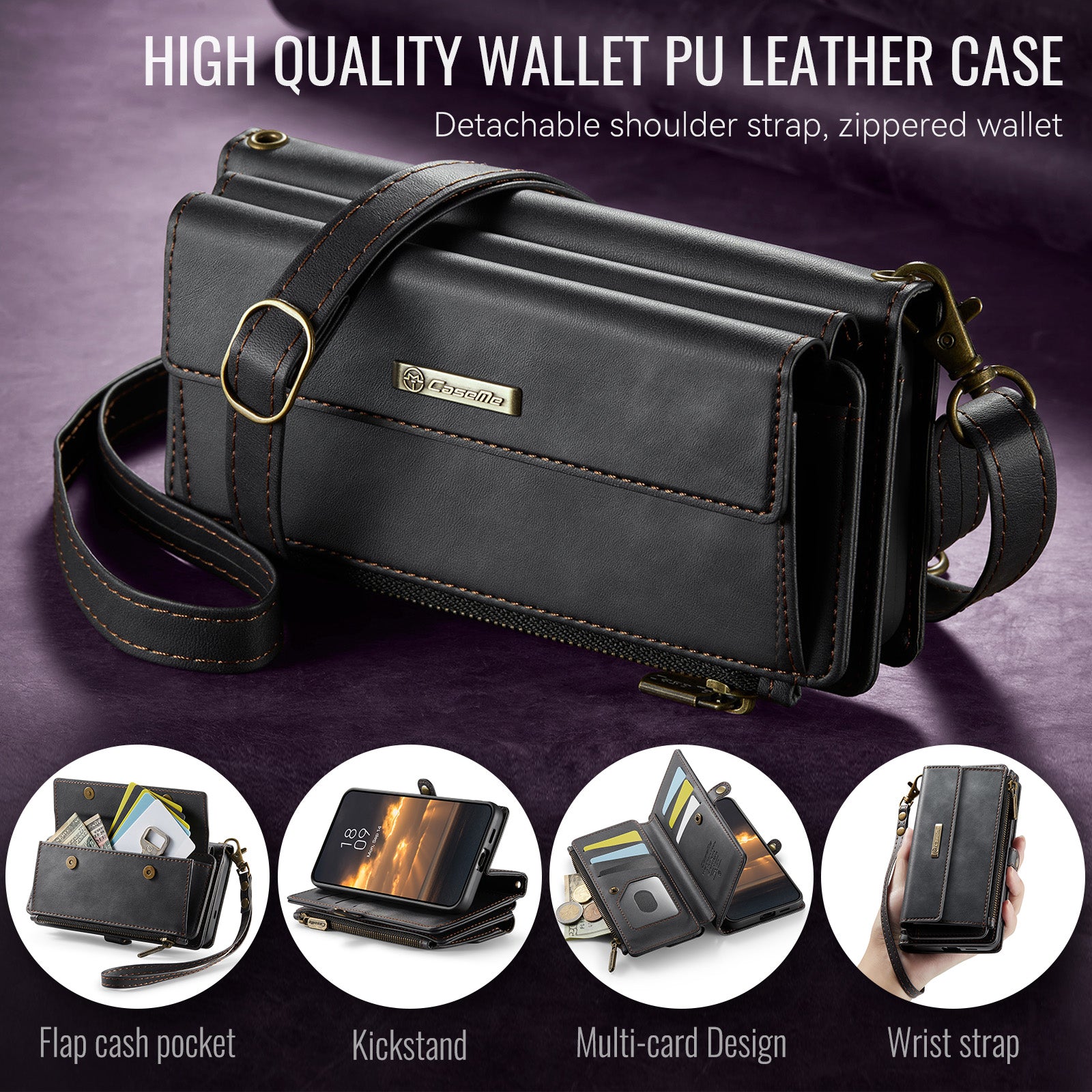 Samsung Galaxy S26FE Crossbody Case with Strap, Card Slots & Zipper Pocket [Black]