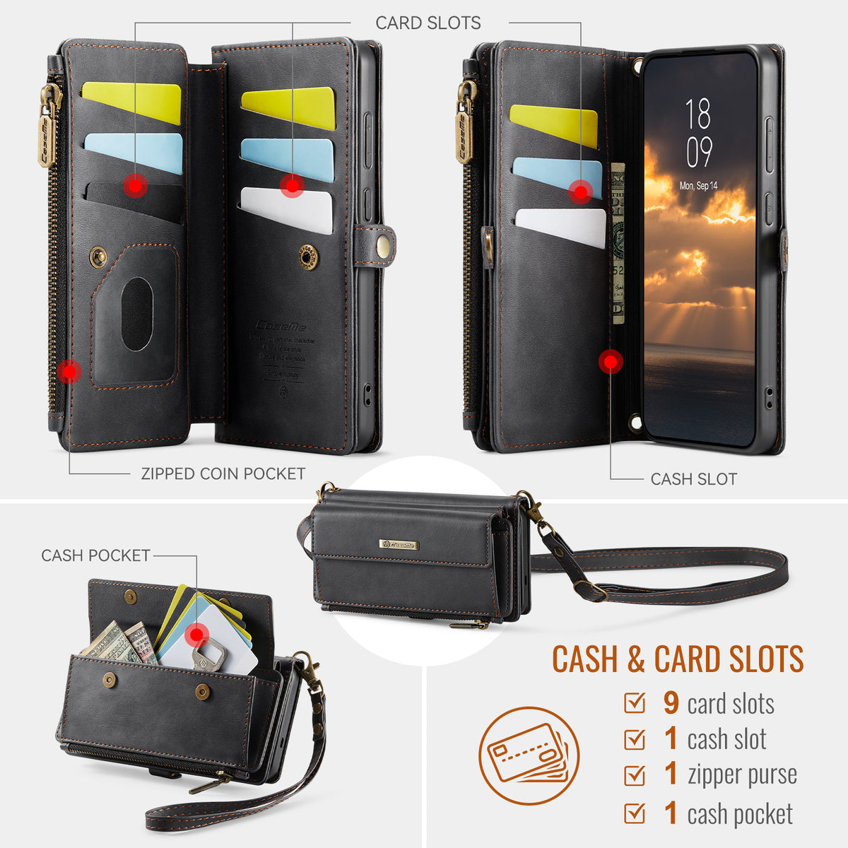 Samsung Galaxy S26FE Crossbody Case with Strap, Card Slots & Zipper Pocket [Black]
