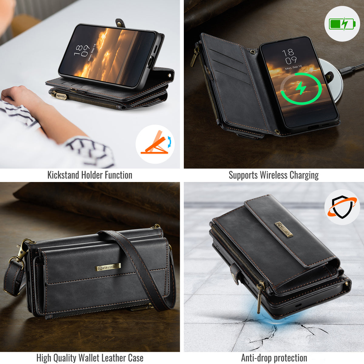 Samsung Galaxy S26FE Crossbody Case with Strap, Card Slots & Zipper Pocket [Black]