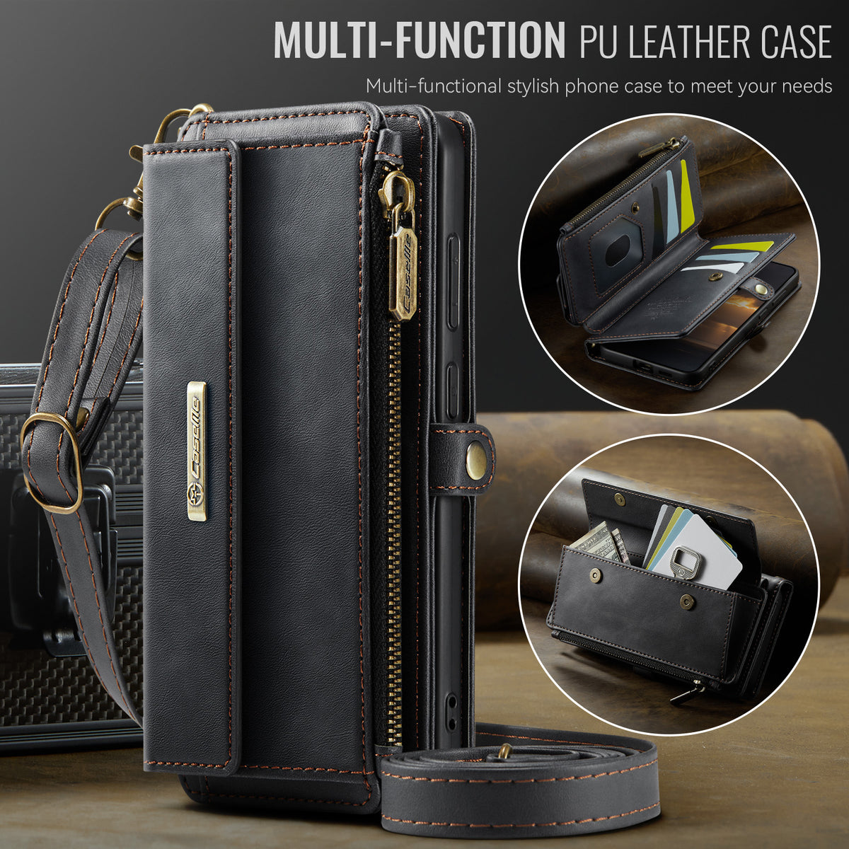 Samsung Galaxy S26FE Crossbody Case with Strap, Card Slots & Zipper Pocket [Black]