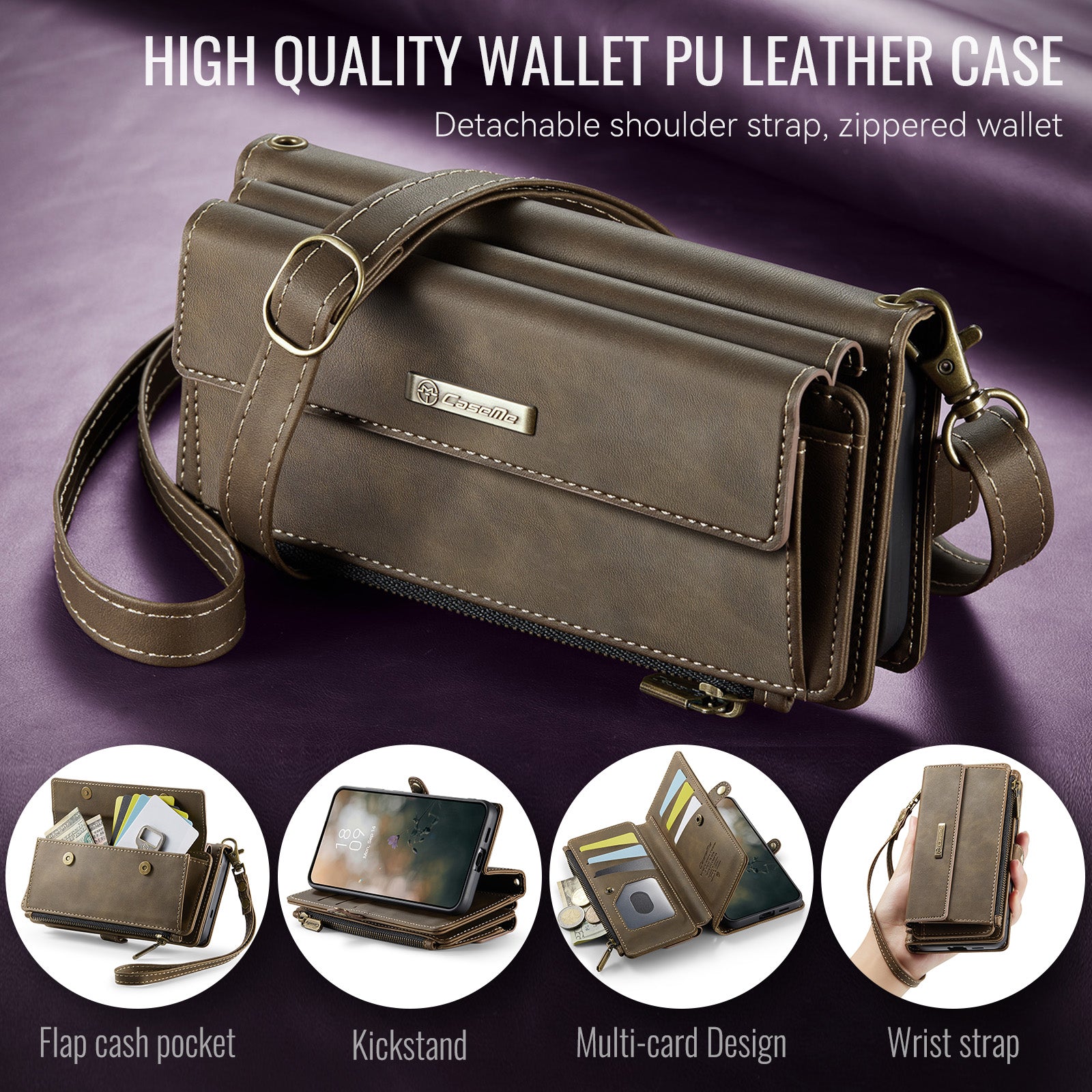 Samsung Galaxy S26FE Crossbody Case with Strap, Card Slots & Zipper Pocket [Coffee]