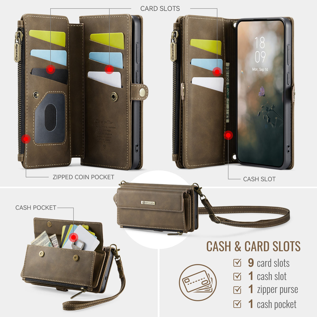 Samsung Galaxy S26FE Crossbody Case with Strap, Card Slots & Zipper Pocket [Coffee]