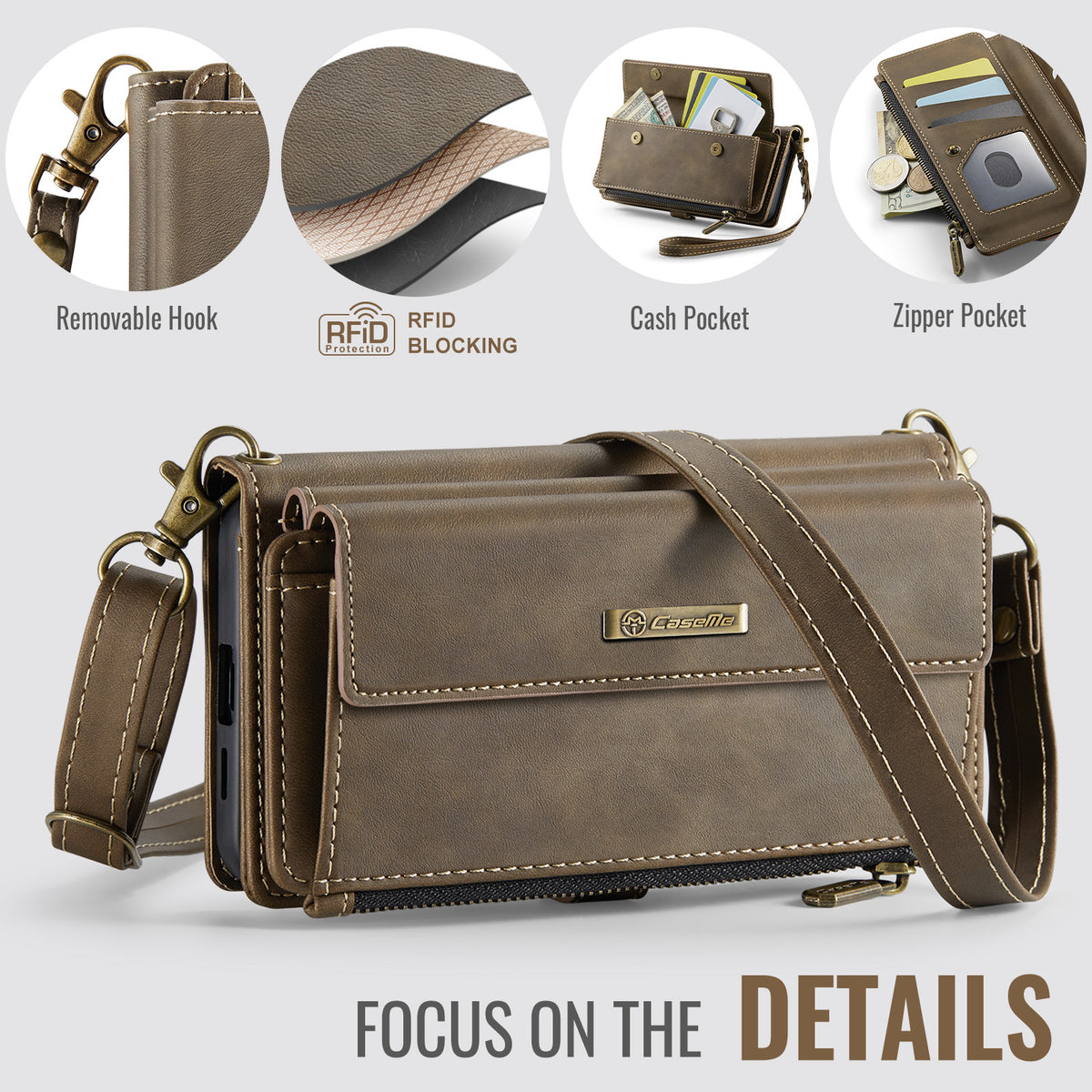 Samsung Galaxy S26FE Crossbody Case with Strap, Card Slots & Zipper Pocket [Coffee]