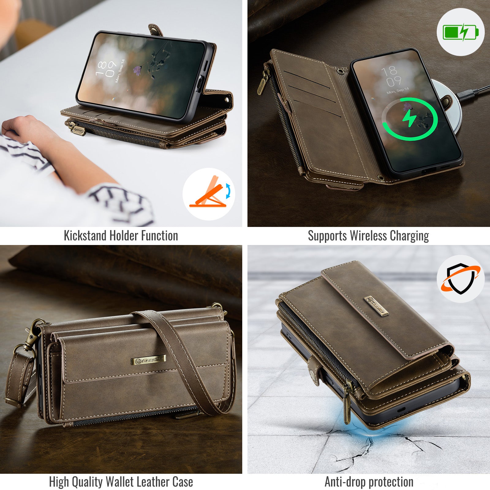 Samsung Galaxy S26FE Crossbody Case with Strap, Card Slots & Zipper Pocket [Coffee]