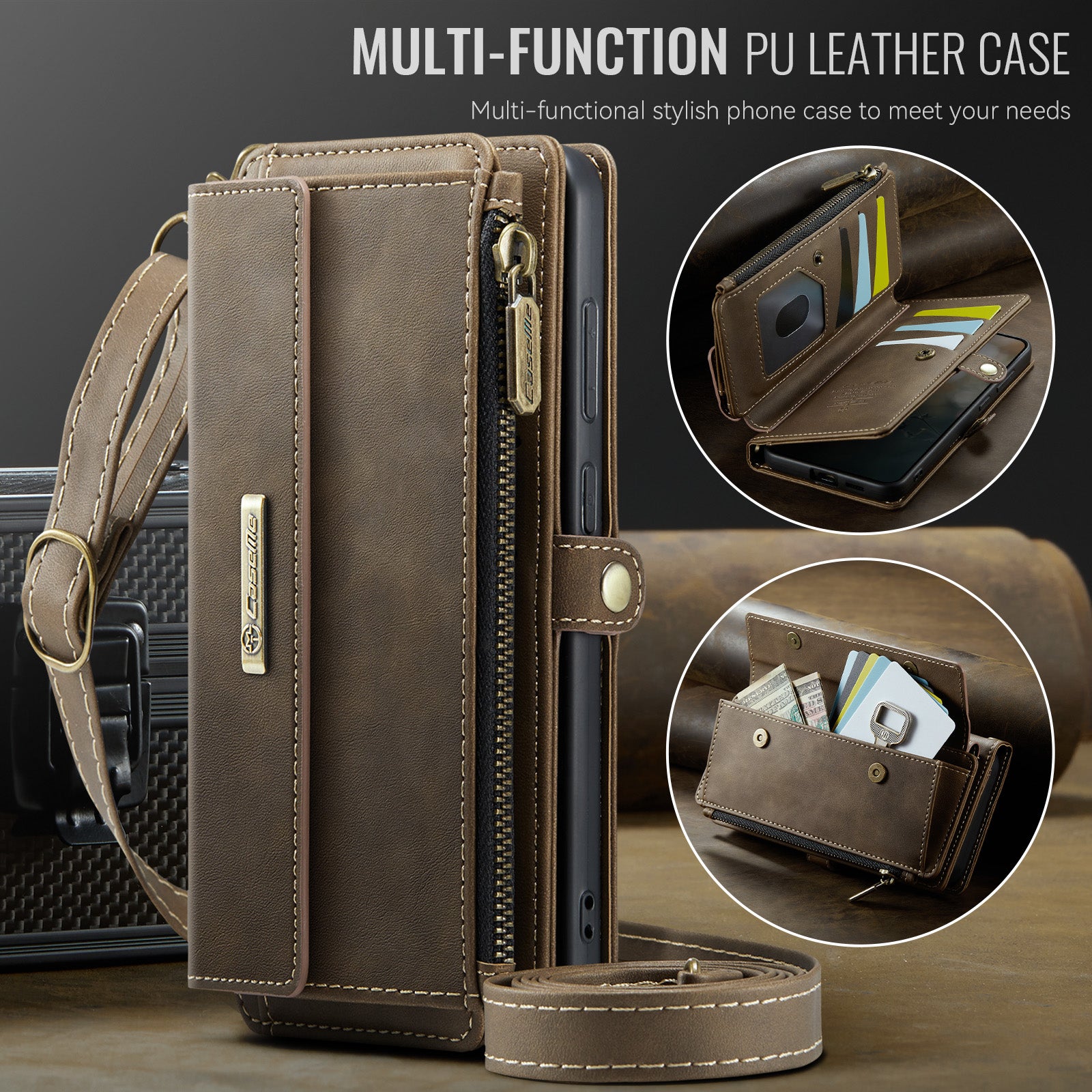 Samsung Galaxy S26FE Crossbody Case with Strap, Card Slots & Zipper Pocket [Coffee]
