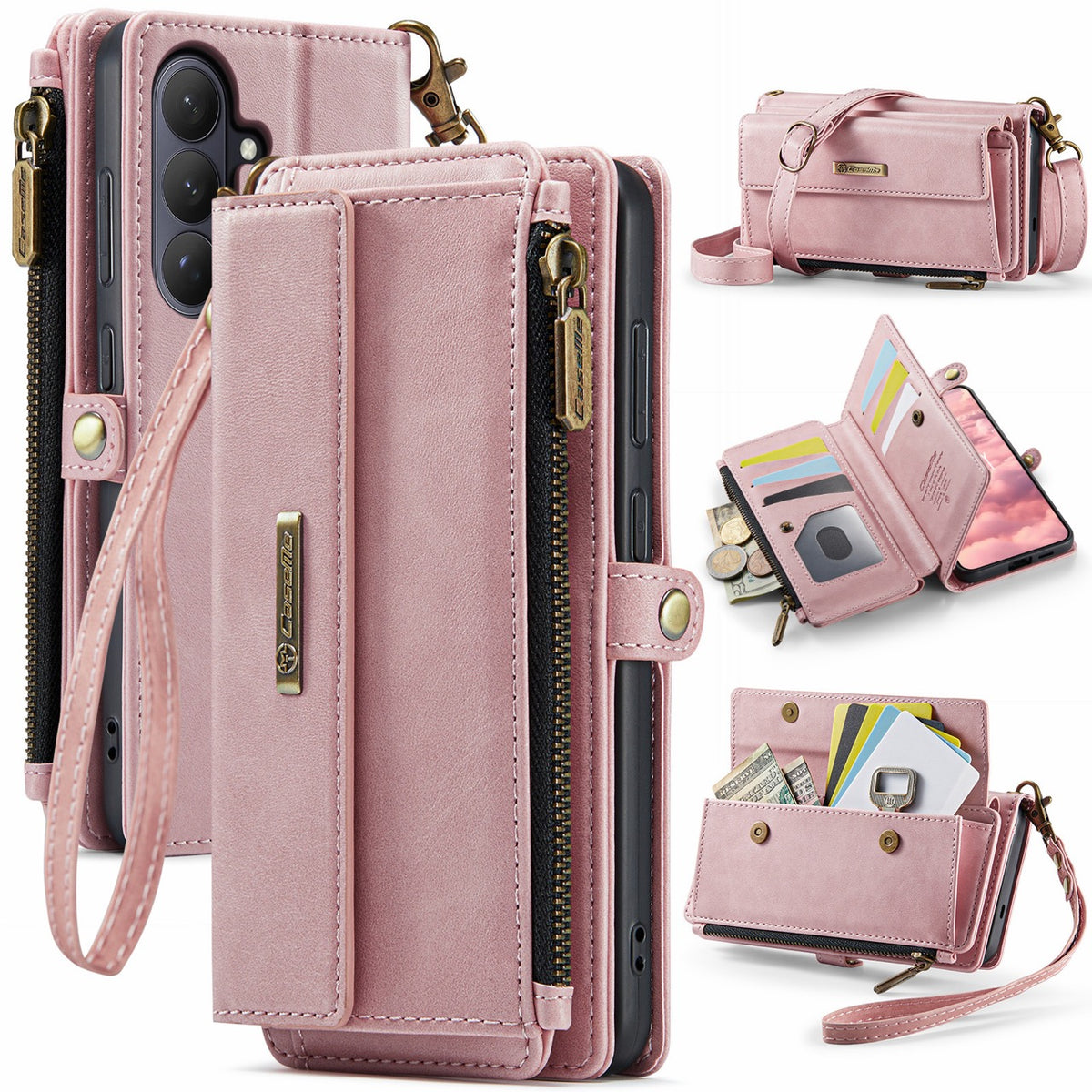 Samsung Galaxy S26FE Crossbody Case with Strap, Card Slots & Zipper Pocket [Pink]