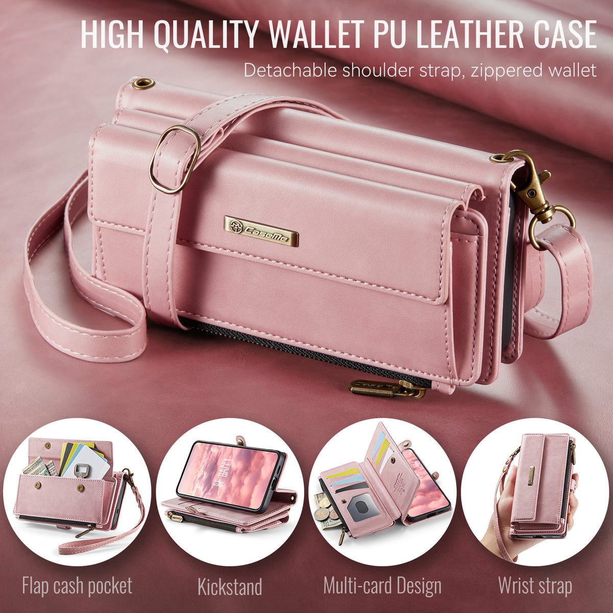 Samsung Galaxy S26FE Crossbody Case with Strap, Card Slots & Zipper Pocket [Pink]
