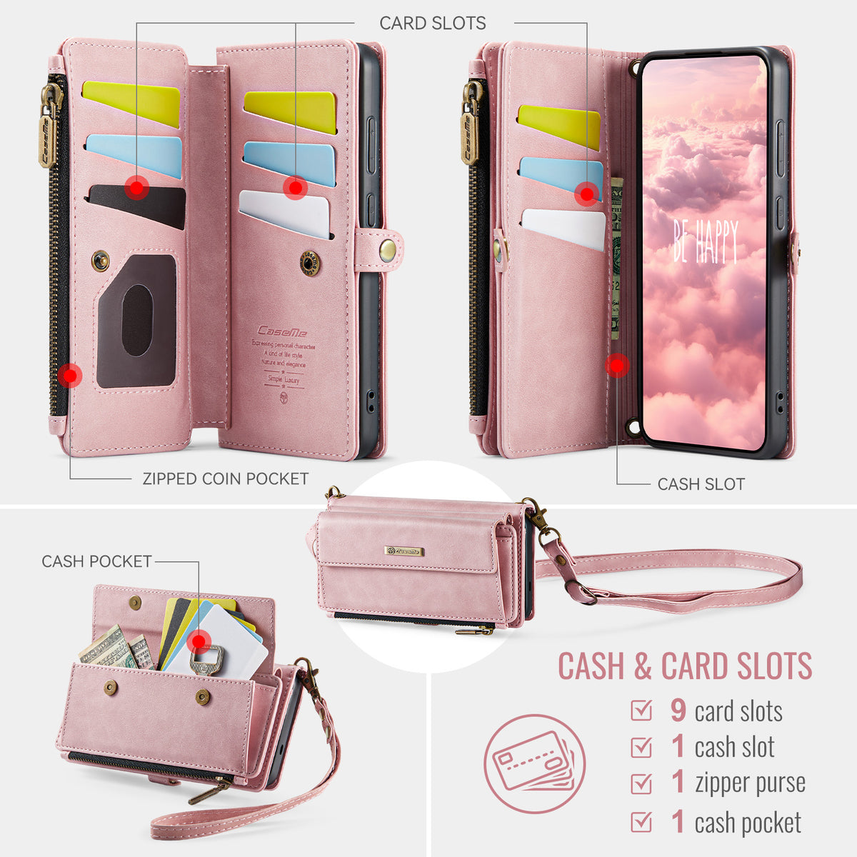 Samsung Galaxy S26FE Crossbody Case with Strap, Card Slots & Zipper Pocket [Pink]