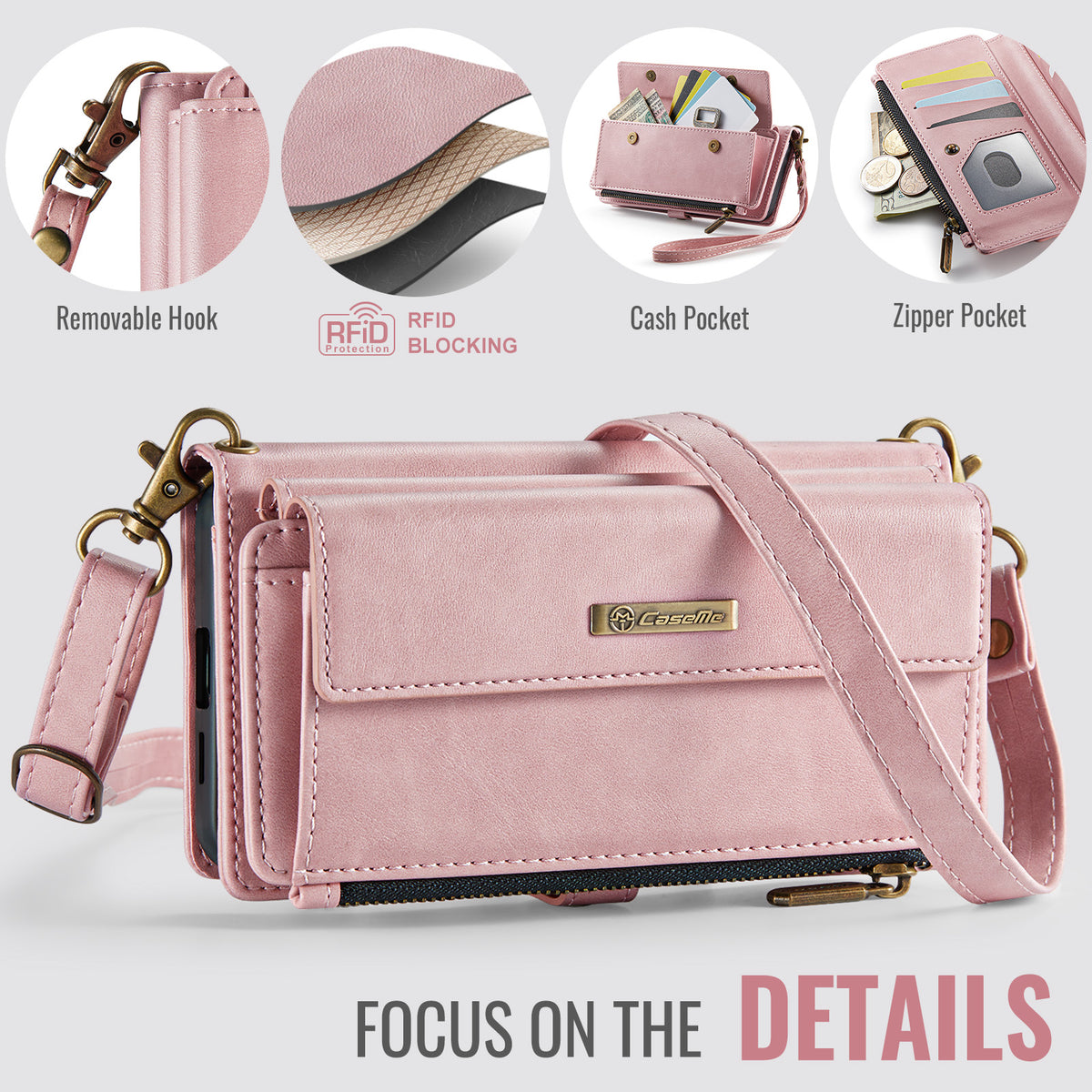 Samsung Galaxy S26FE Crossbody Case with Strap, Card Slots & Zipper Pocket [Pink]