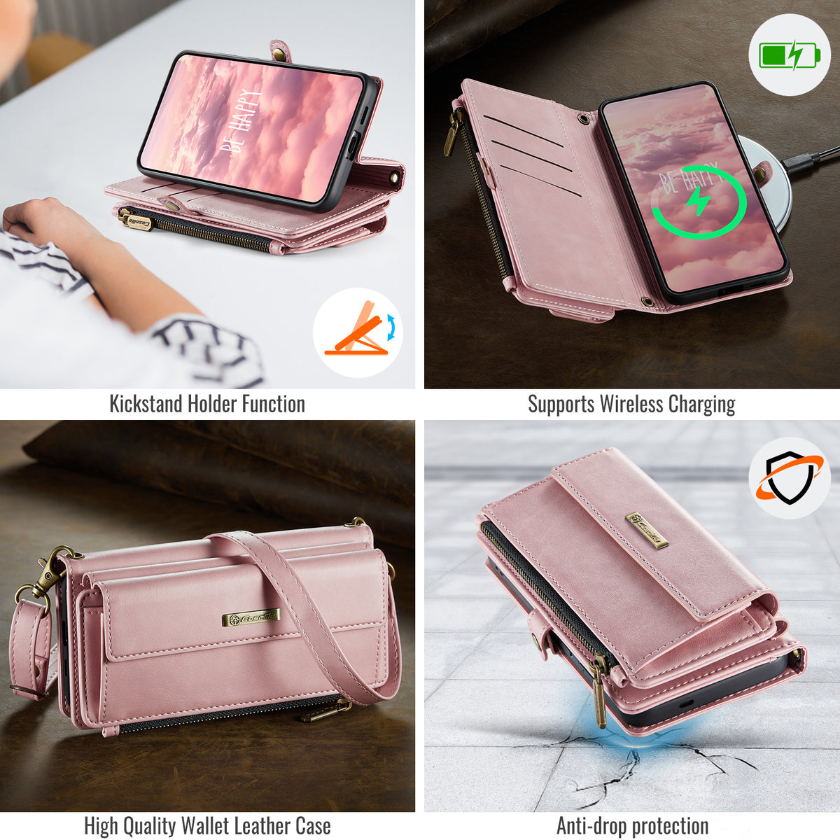 Samsung Galaxy S26FE Crossbody Case with Strap, Card Slots & Zipper Pocket [Pink]